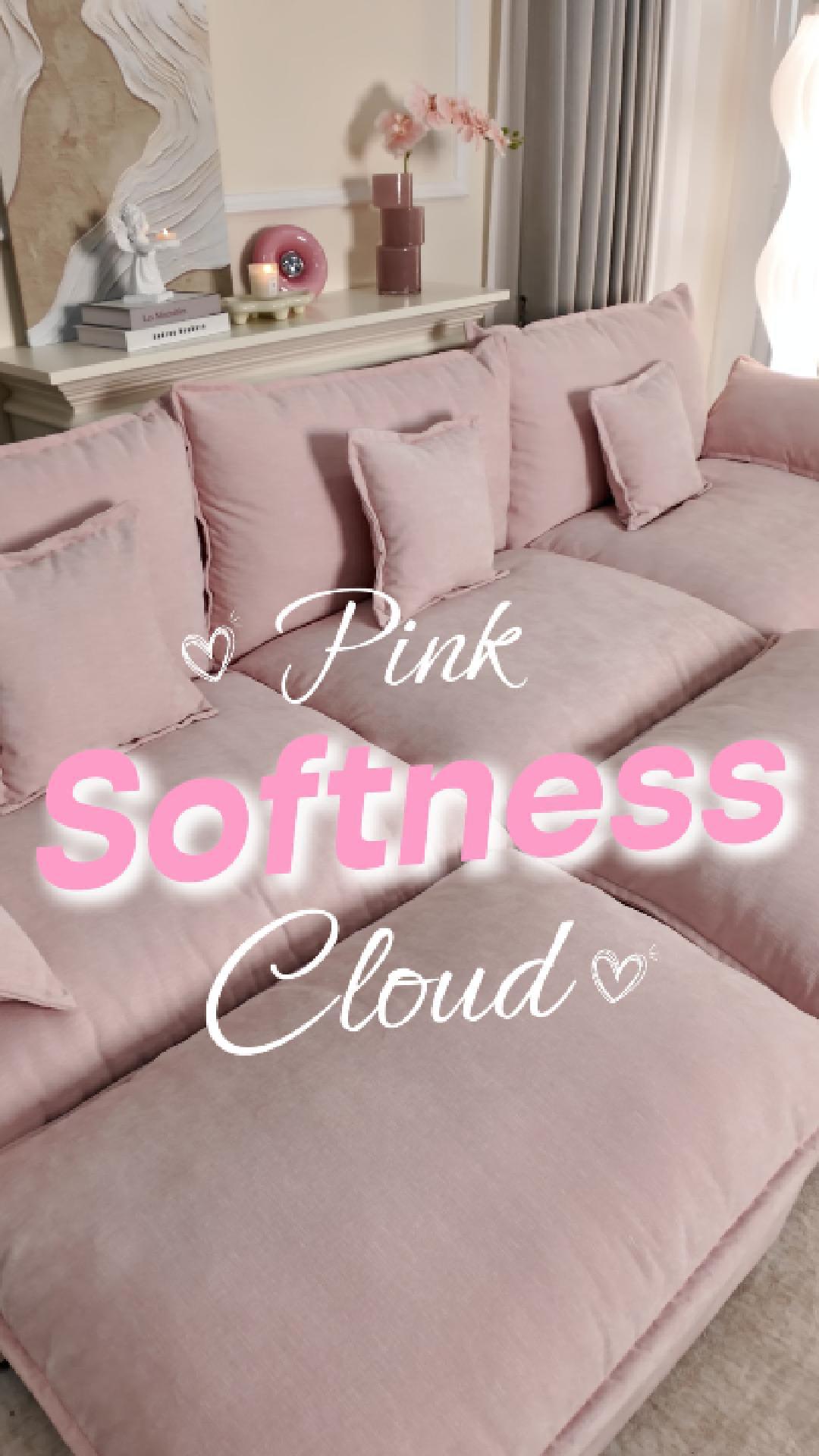 thumbnail video image 2 of LAKPS 3-Seat Sectional Sofa Couch, Cloud-Style Deep Seating Sleeper Sofa with Included Throw Pillows, Chenille Fabric Upholstery, Modern Living Room Sofa, Pink, 2 of 9