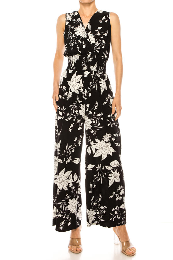thumbnail video image 2 of Women's Floral Print Sleeveless Wide-Leg Jumpsuit with Elastic Waist, 2 of 4