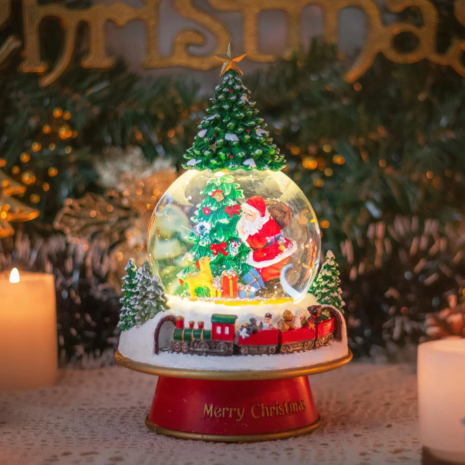 thumbnail video image 2 of Christmas Snow Globe, Santa & Christmas Tree & Moving Train, Snow Globe with Music Box Color Changing Led Lights for Home Decor & Christmas Decorations, Snow Globes for Girls/Women/Kids, 2 of 9