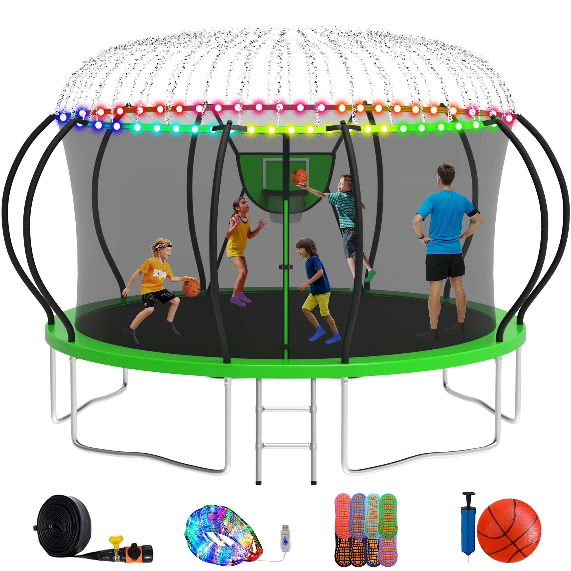 thumbnail video image 2 of XMIKA Trampoline, 14FT 8FT 10FT 12FT 16FT Trampoline for Kids and Adults with Enclosure Net, Basketball Hoop, Ladder, Light, Sprinkler, Socks, 1400LBS Outdoor Recreational No-Gap Design Trampoline, 2 of 10