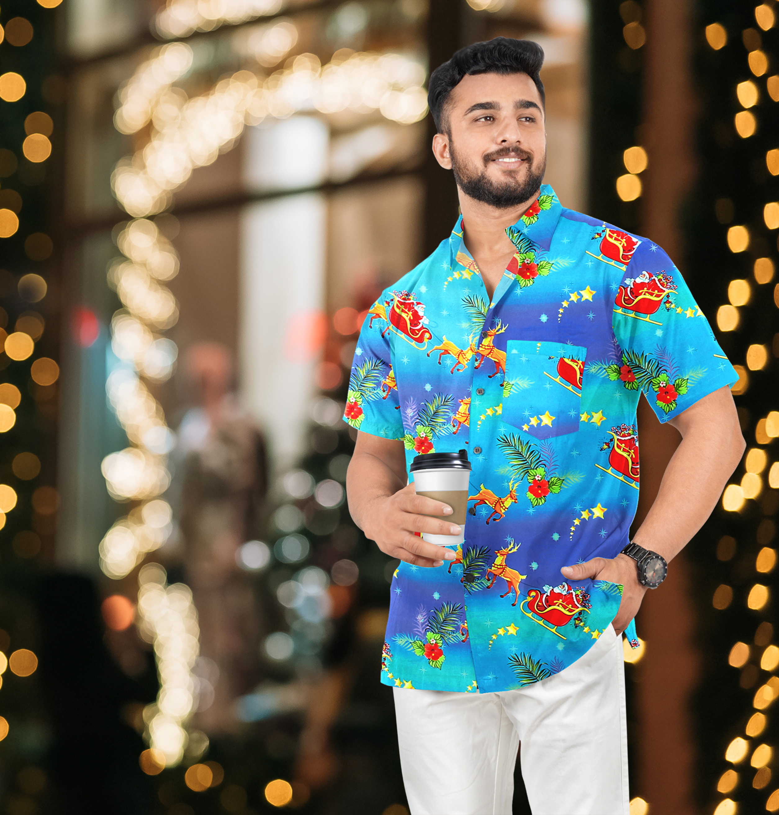 thumbnail video image 2 of HAPPY BAY Men's Beach Button Down Christmas Tree Party Dress Shirt Holiday Funny Hawaiian Santa Gifts Shirts for Men 3XL Santa Reindeer Sleigh, Blue, 2 of 7