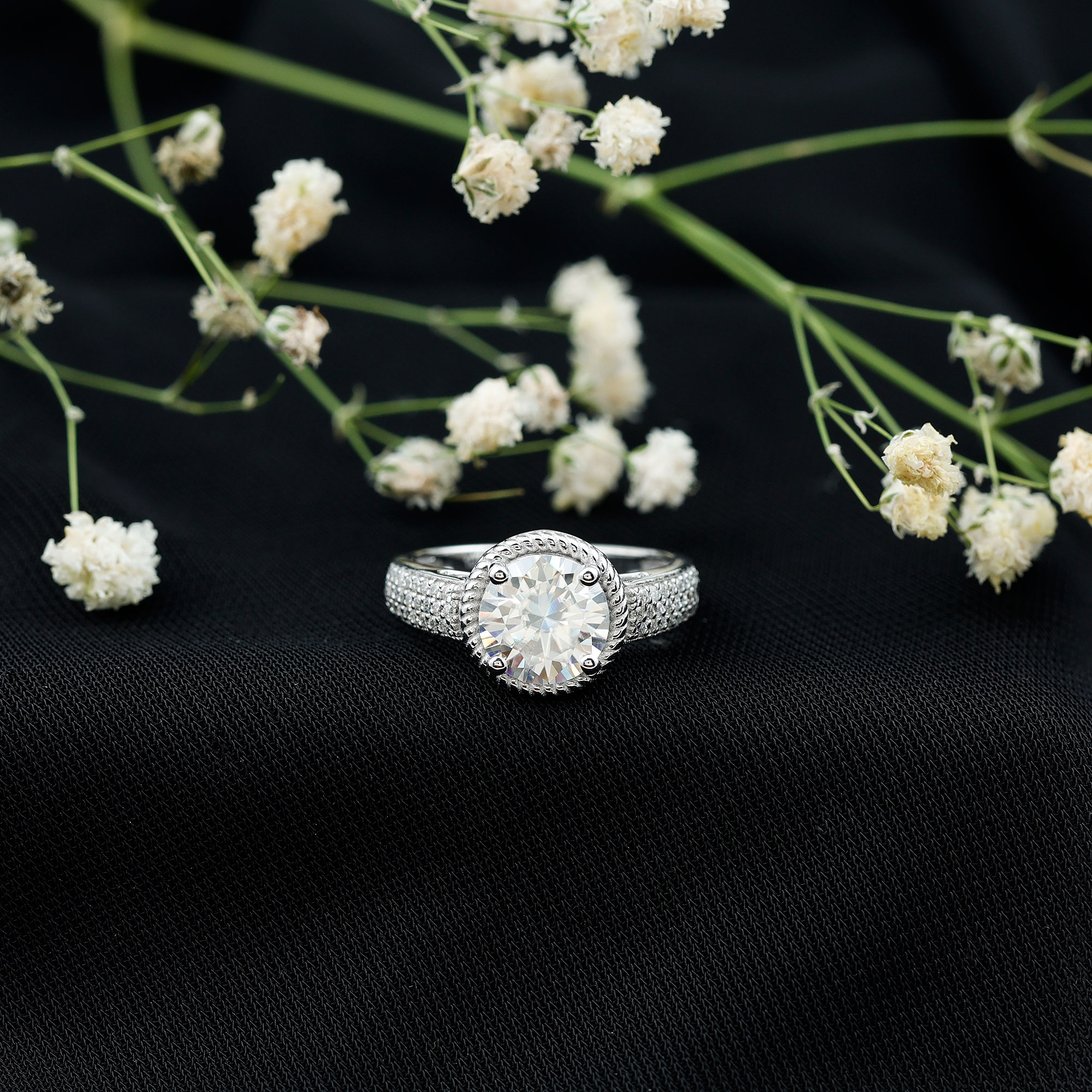 thumbnail video image 2 of Round Moissanite Engagement Ring with Side Stones (2 Carat, 8 mm, D-VS1 Quality), 14K Yellow Gold, US 7.75, 2 of 9