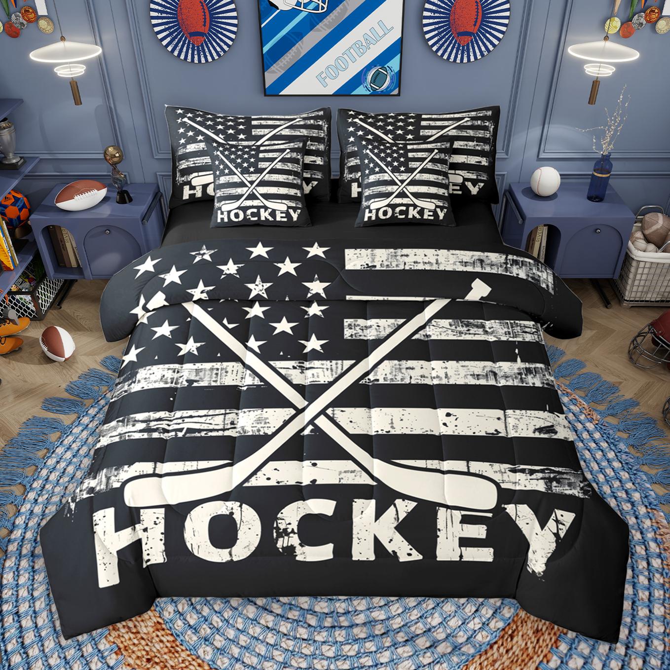 thumbnail video image 2 of Manfei Bice Hockey Game 7-Piece Twin Bedding Sets,Ball Sport Bedding Comforter Set,Vintage American Flag Sheet Sets For Girls Kids,Super Cozy Room Decor Reversible, 2 of 9