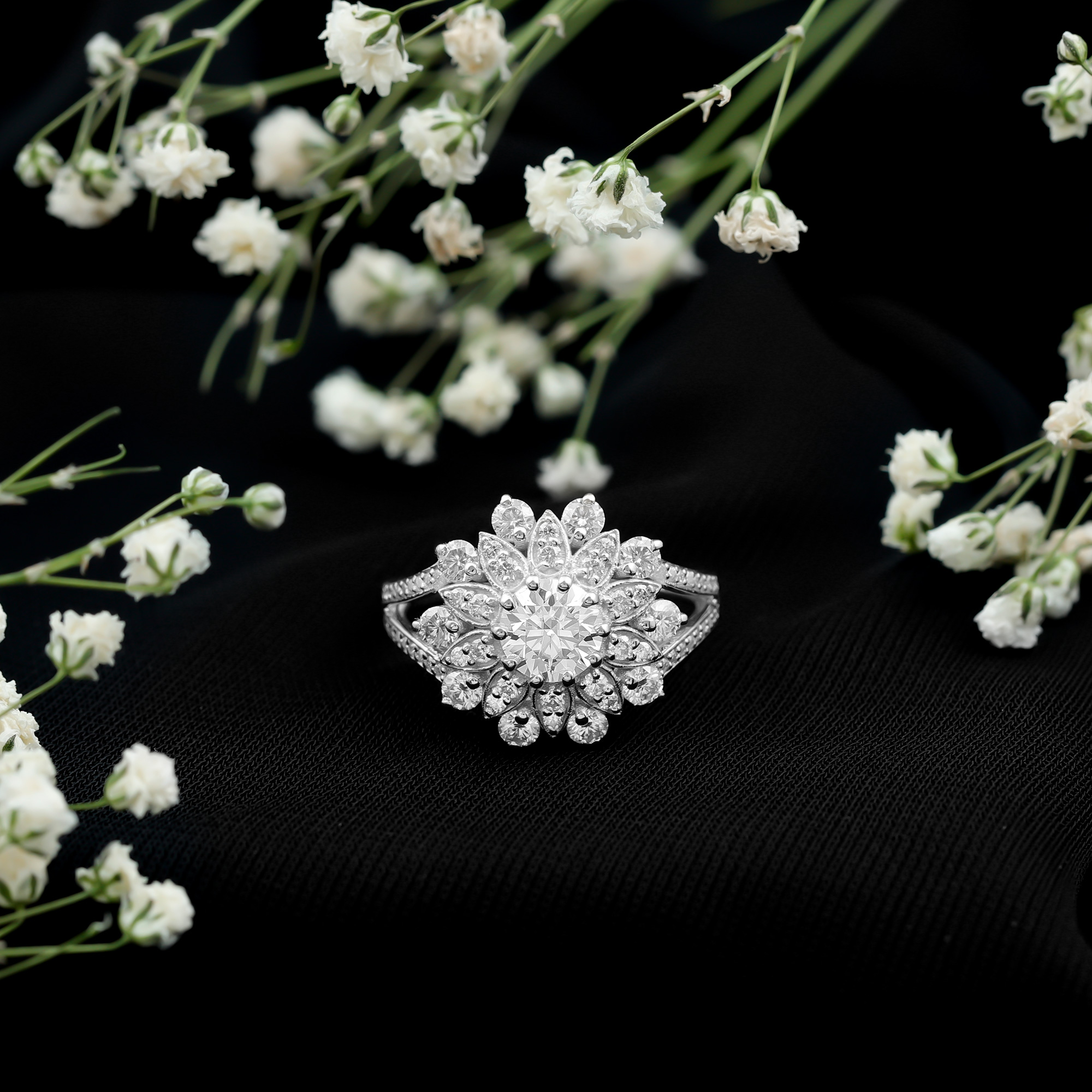 thumbnail video image 2 of Rosec Jewels Certified Moissanite Cocktail Ring for Women - D-VS1 Quality - Moissanite Flower Ring - with Jewelry Box, 18K Yellow Gold, US 11.50, 2 of 7