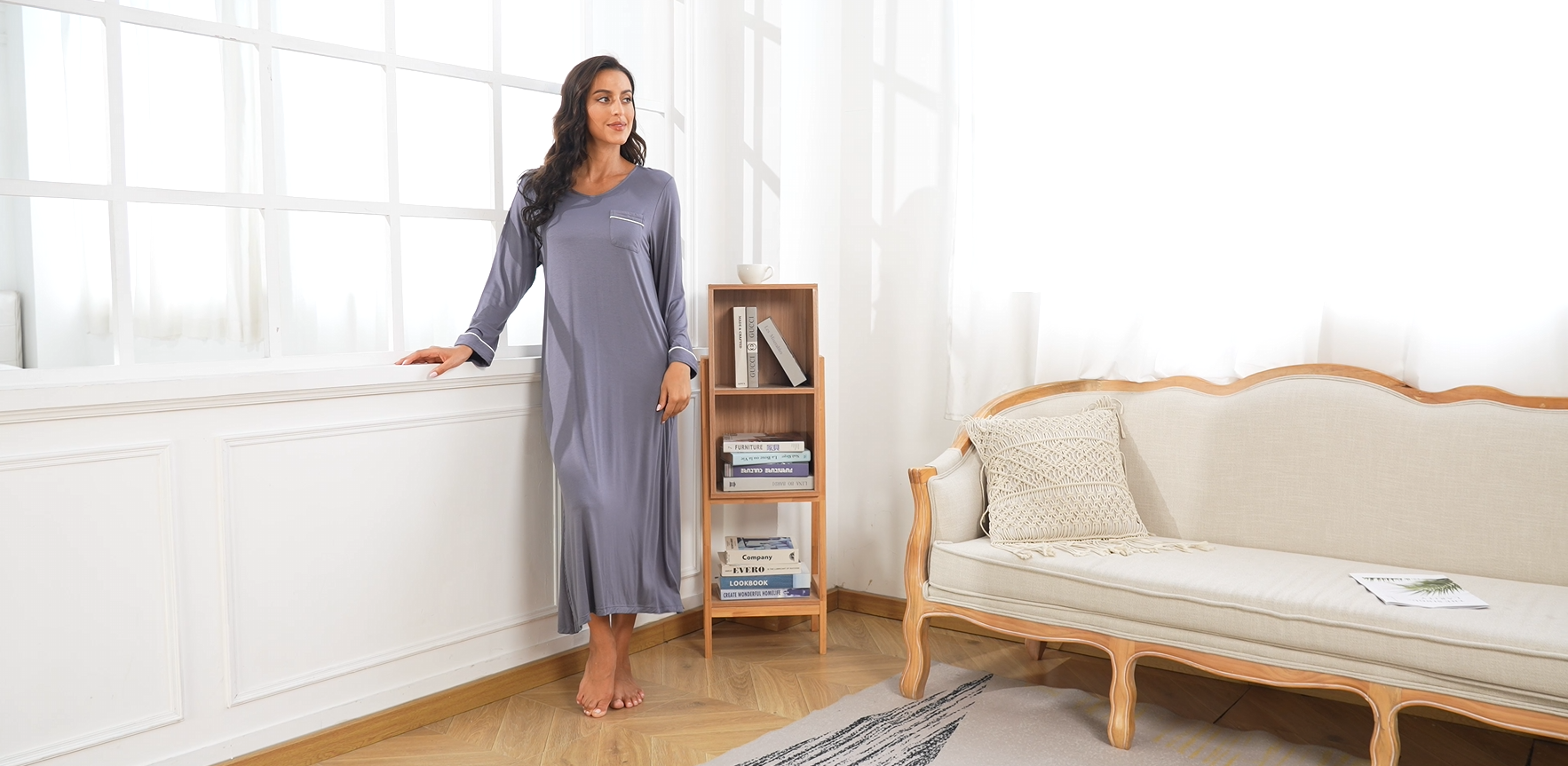 thumbnail video image 2 of ANLIQI Full Length Sleepwear for Women Wide V-Neck Sleep Shirt Casual Long Night Dress Soft Loungewear with Pockets(Wine Red,2XL), 2 of 6