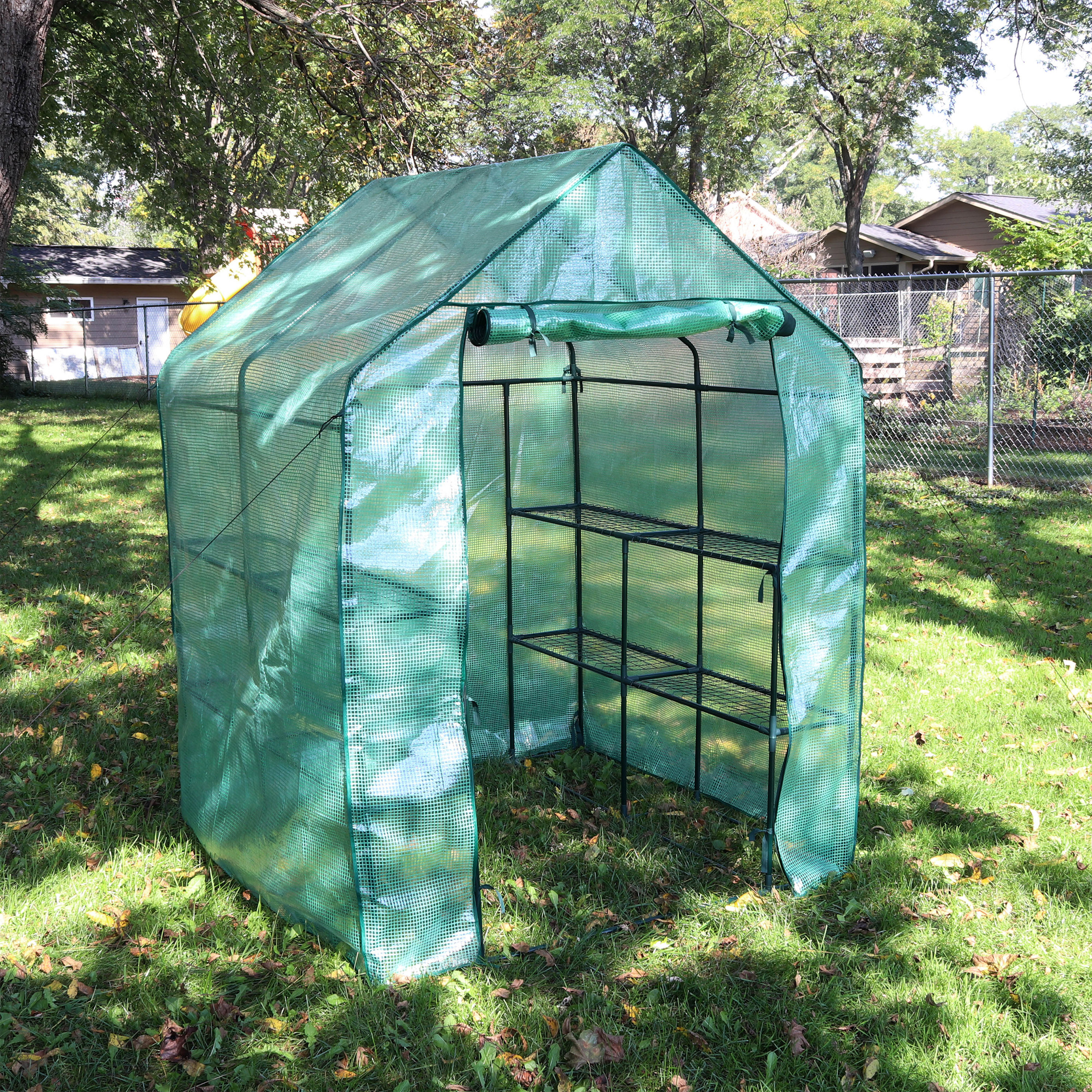 thumbnail video image 2 of Sunnydaze 4.5' x 4.5' x 6.5' Outdoor Portable Walk-In Greenhouse with 4 Shelves, Green Cover, 2 of 13