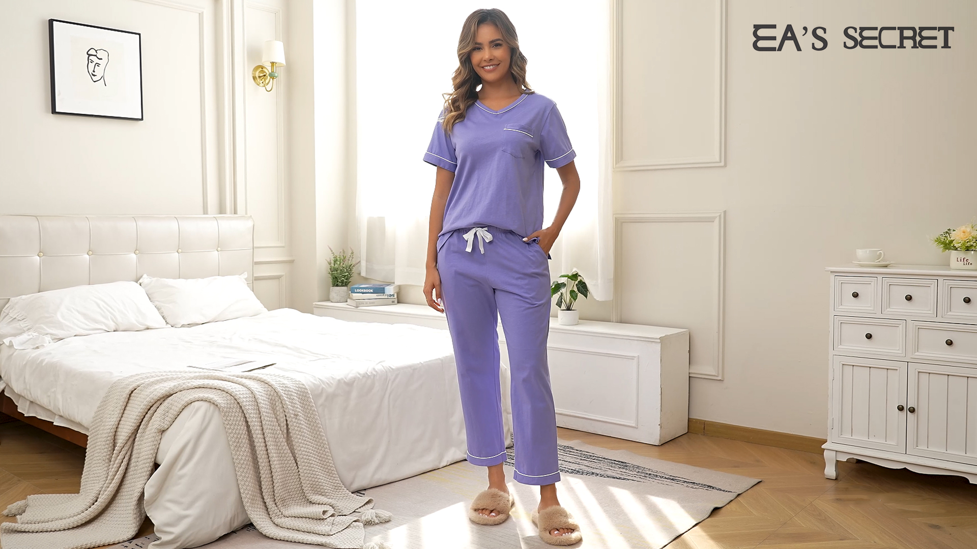 thumbnail video image 2 of EA'S SECRET Pajamas for Women Set V Neck Short Sleeve Lounge Set Elastic Waistband Sleepwear with Long Pants 2 Piece Pjs (Sage Green,M), 2 of 8