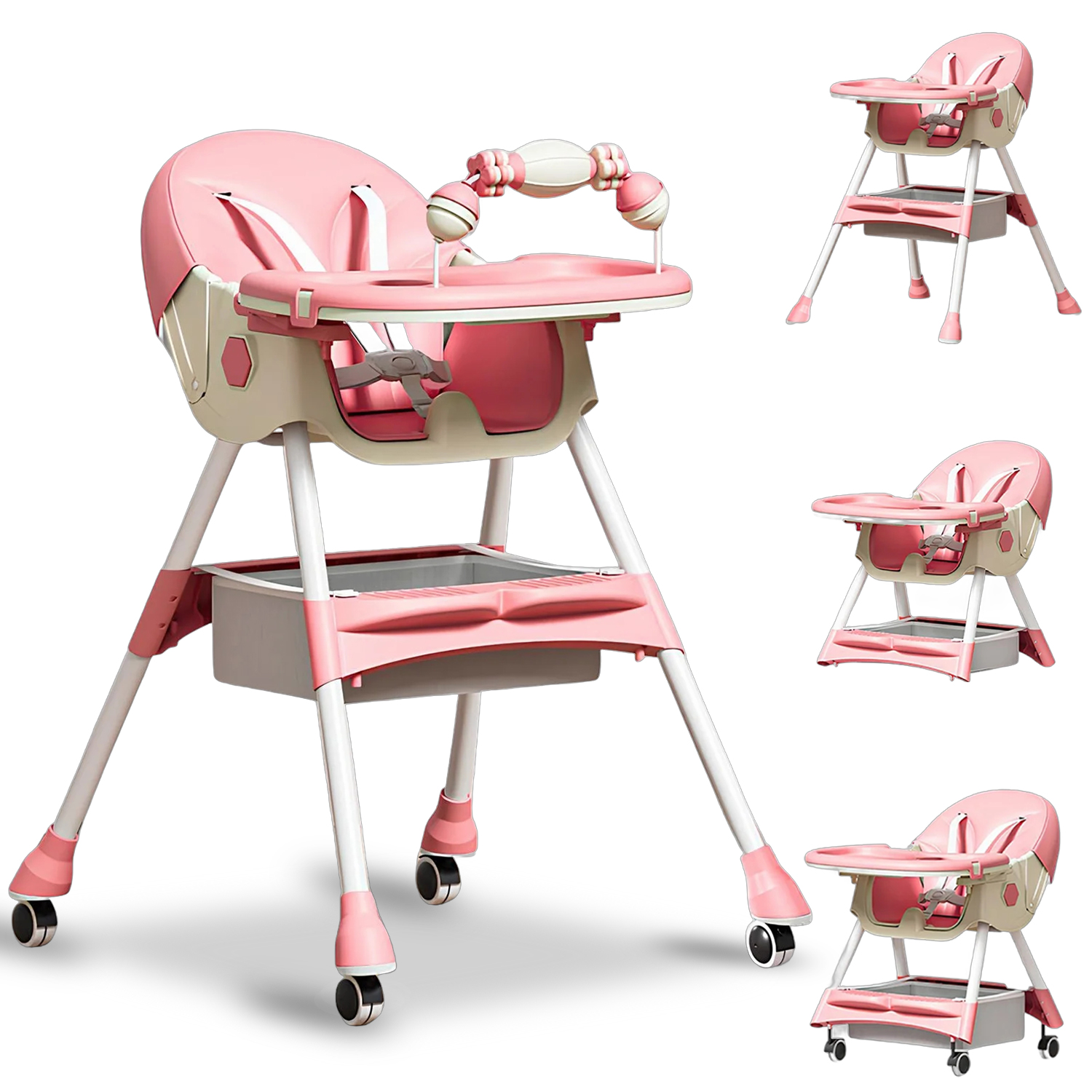 thumbnail video image 2 of HDUTNGISN 4-in-1 Baby High Chair,Foldable Highchair Dining Feeding Chair with 5-Point Harness Double Dining Plate & Toy Rack,Infant to Toddler,Pink, 2 of 9