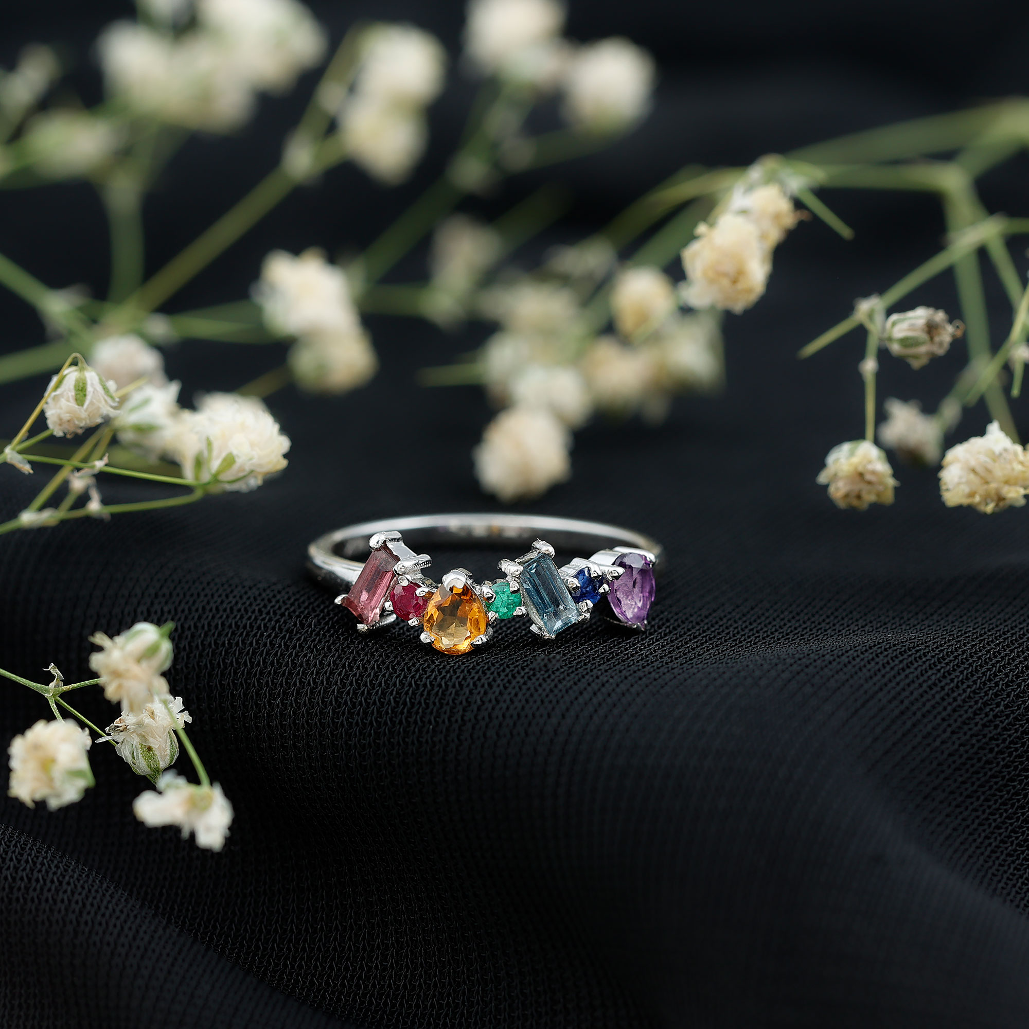 thumbnail video image 2 of Rosec Jewels Natural Multi Gemstone Promise Ring for Women - AAA Quality - Ready to Gift for Valentines Day, 18K White Gold, US 7.00, 2 of 8