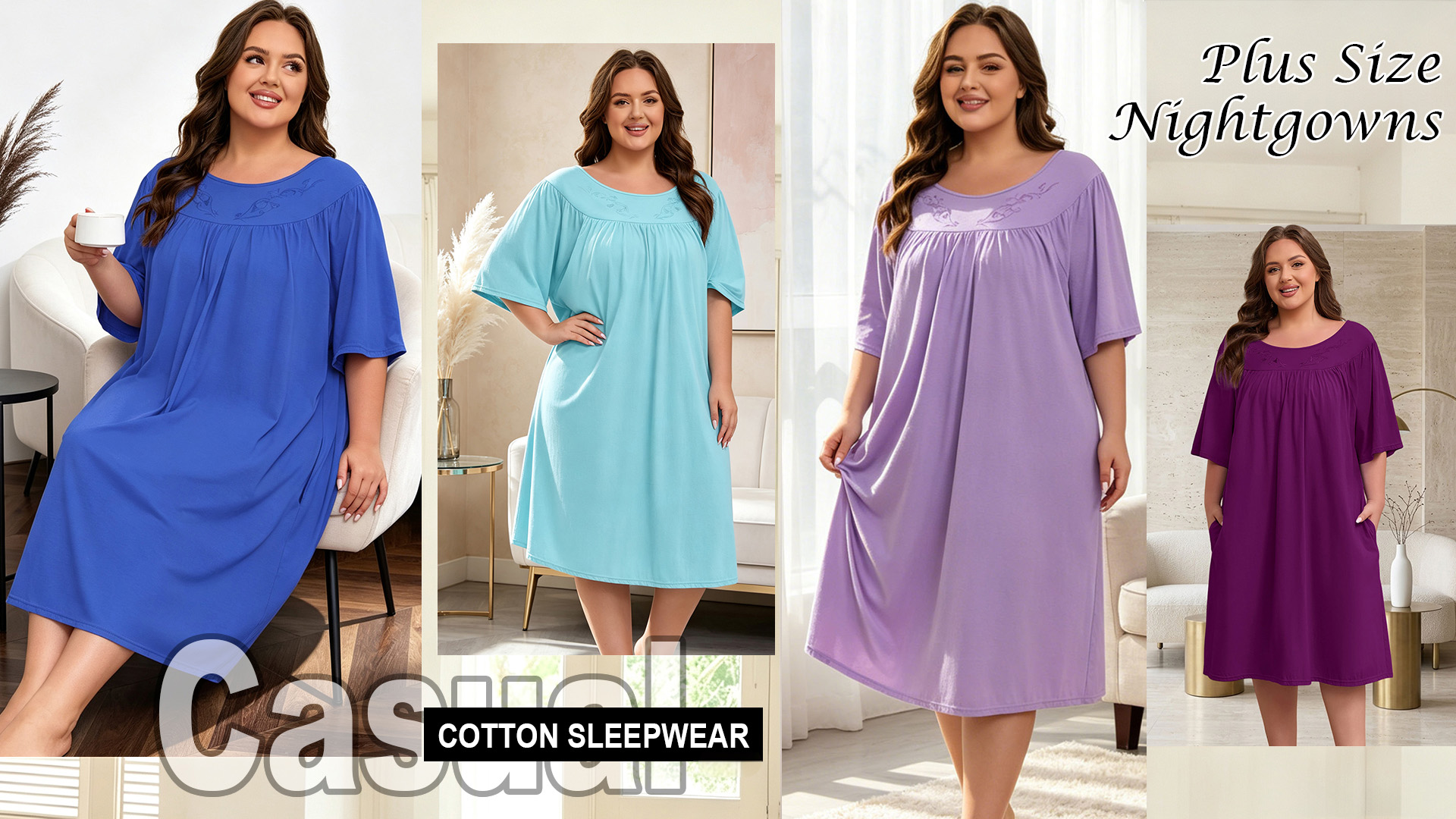 thumbnail video image 2 of FEREMO 100% Cotton Nightgowns for Plus Size Women Pleated Soft Sleepwear with Pockets, 2 of 7