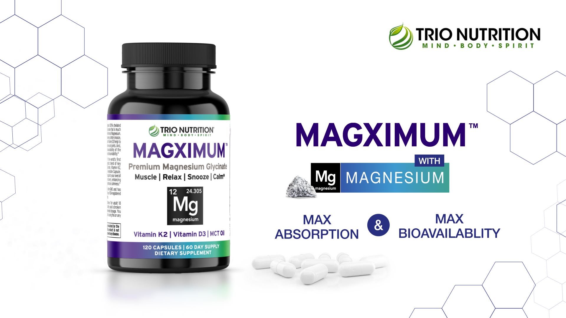 thumbnail video image 2 of TRIO NUTRITION MagX Magnesium Glycinate, Vitamin D3, Vitamin K2 & MCT Oil | Chelated Magnesium Supplement | Calm, Relaxation & Recovery | Be Well Rested & Start Your Day with Magximum*, 2 of 6