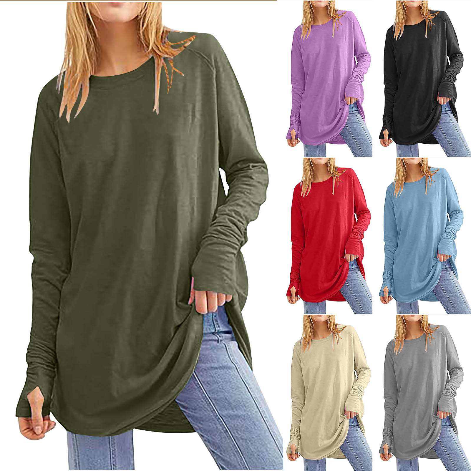 thumbnail video image 2 of WREESH Womens Fashion Tunic Top Casual Crewneck Solid Color Pullover Loose Fit Long Sleeve Tops Long T-Shirt Thumb Top Gray, 2 of 8
