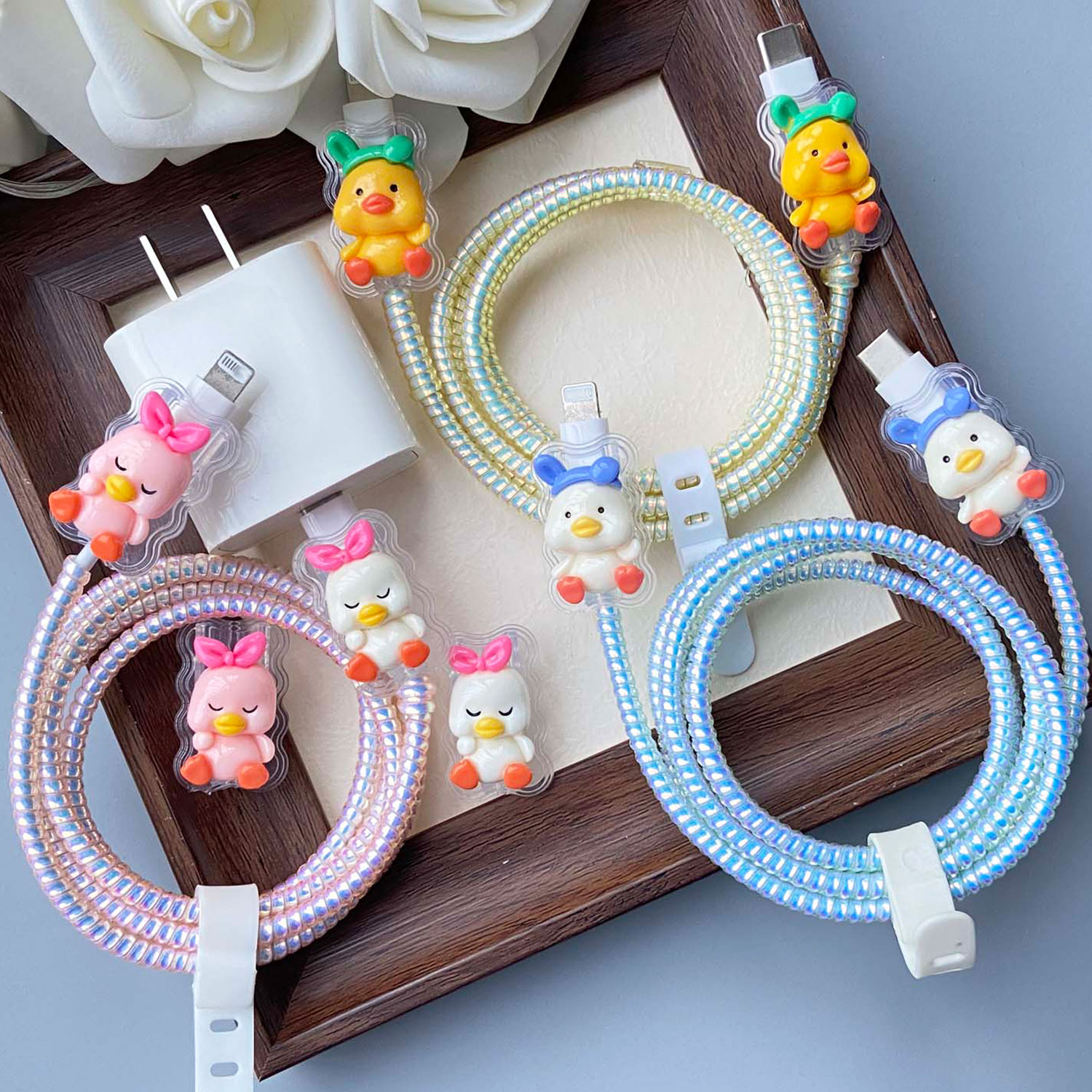 thumbnail video image 2 of Tianyeda Duck Pattern 2Pcs Charging Cable Protectors with 1pc Spiral Protective Rope, 2 of 6