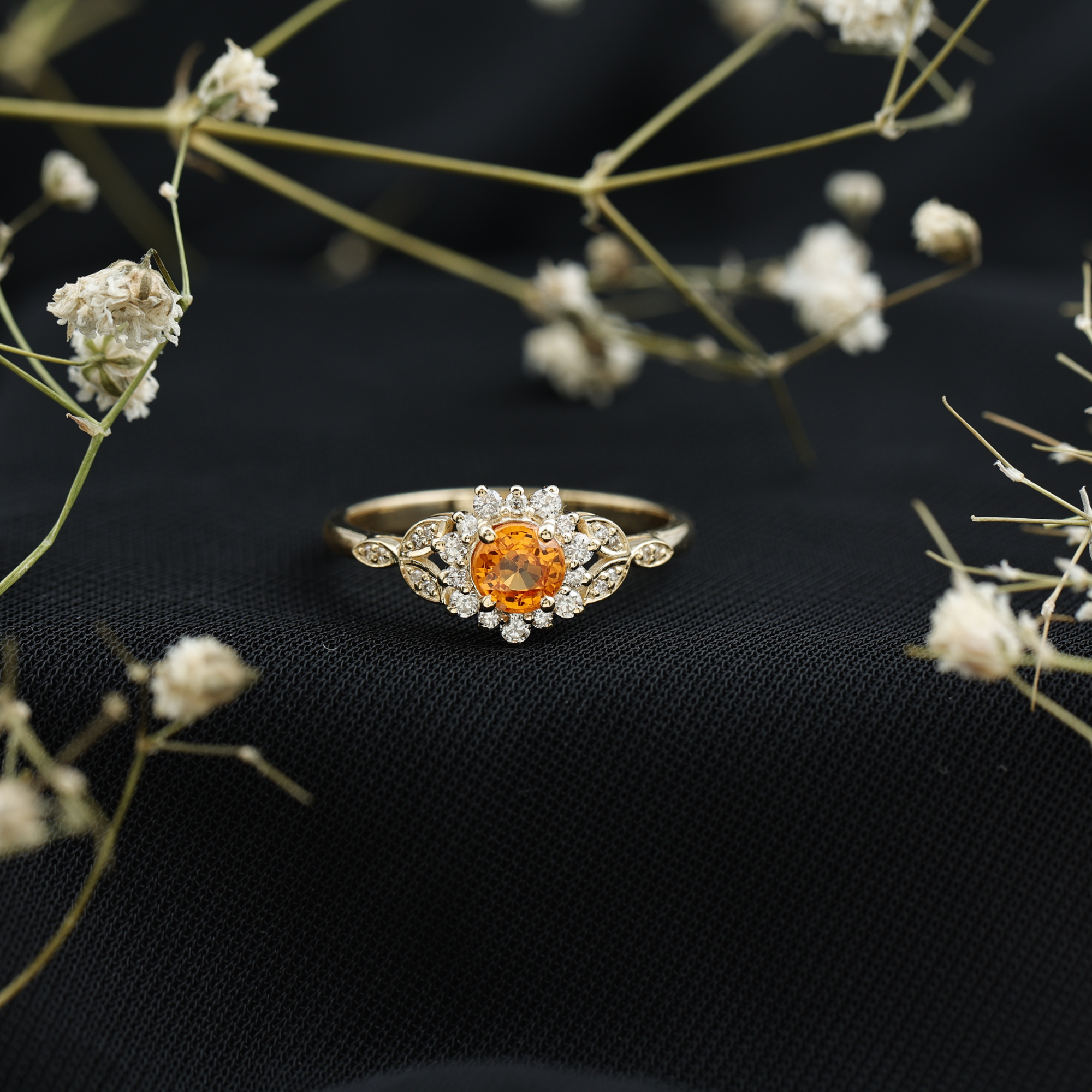 thumbnail video image 2 of Rosec Jewels Floral Ring with Orange Sapphire and Diamond (0.50 CT, AAA Quality), 925 Sterling Silver, US 4.00, 2 of 9