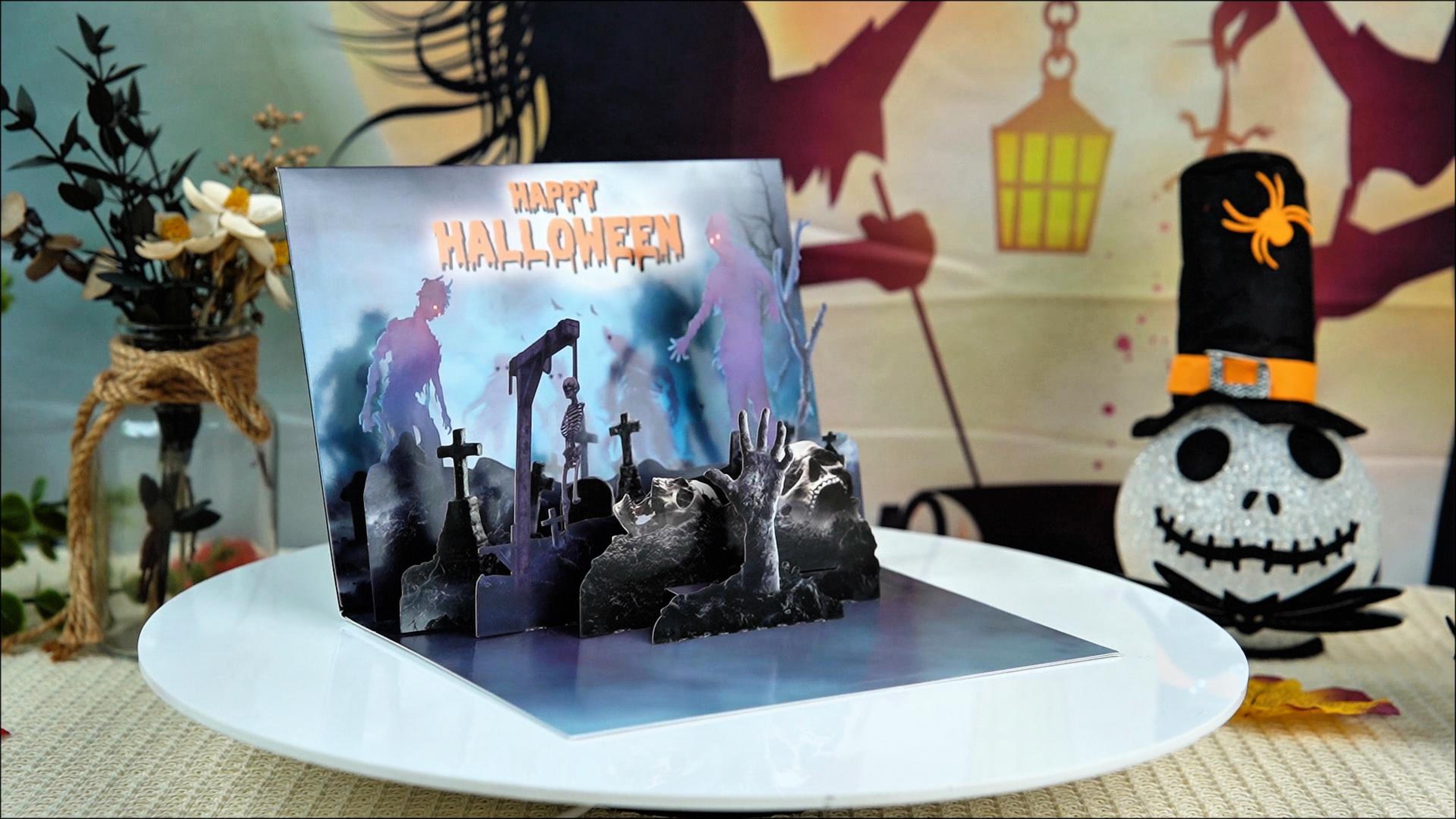thumbnail video image 2 of WaaHome Spooky Musical Halloween Card with LED Lights & Pop-Up Graveyard – Scary Zombie 3D Halloween Popup Cards with Sound forAdults & Friends, 2 of 6