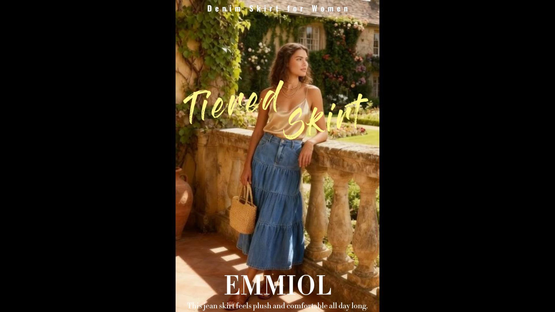 thumbnail video image 2 of EMMIOL Women's High Waisted Tiered Denim Maxi Skirt Vintage A-Line Swing Jean Skirt with Pockets Casual Boho Style, 2 of 10