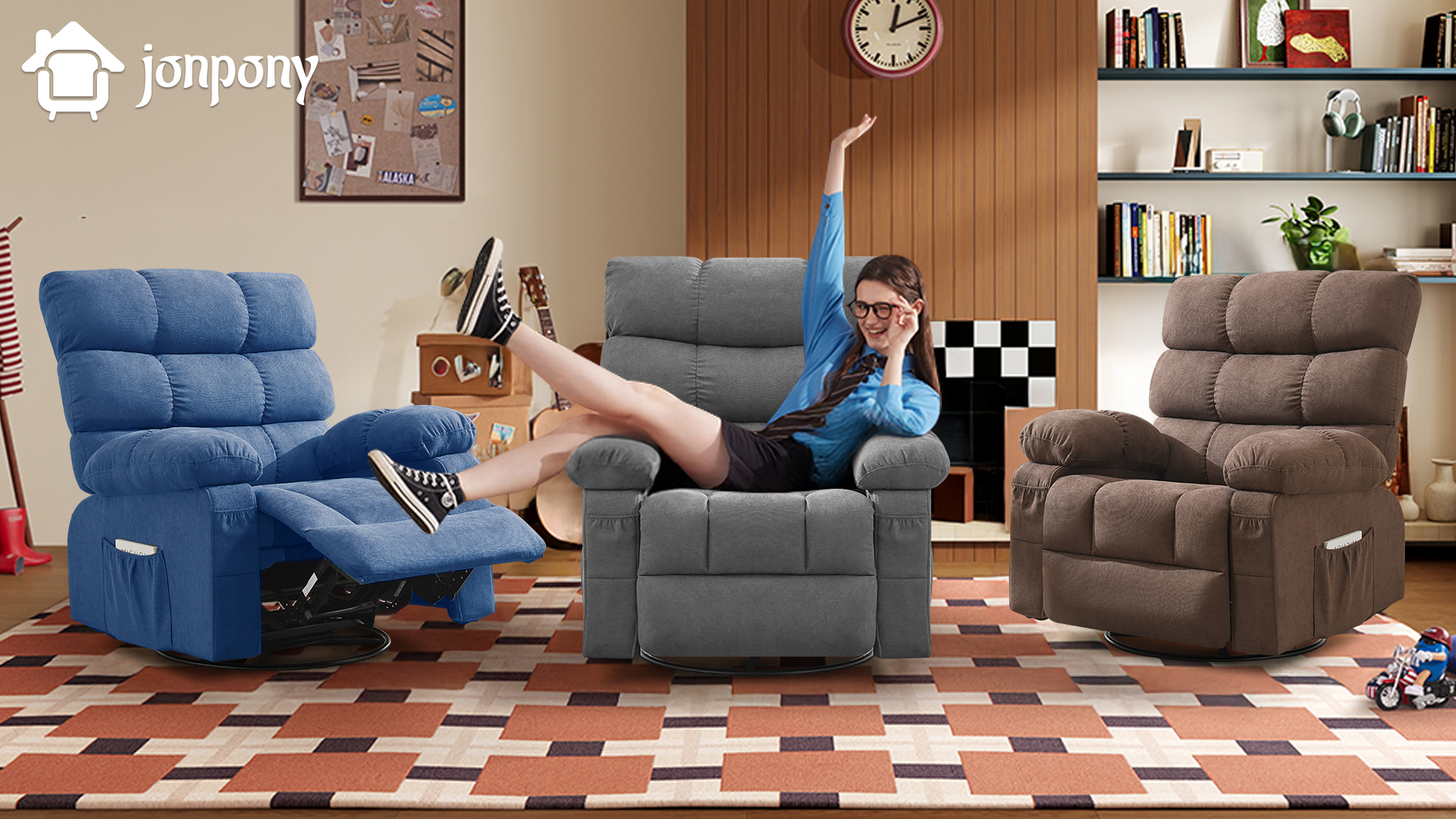 thumbnail video image 2 of JONPONY Swivel Rocker Recliner Chair, Ergonomic Lounge Chair for Living Room,Small Spaces with Rocking Function,360° Swivel,Side Pocket,Brown, 2 of 13