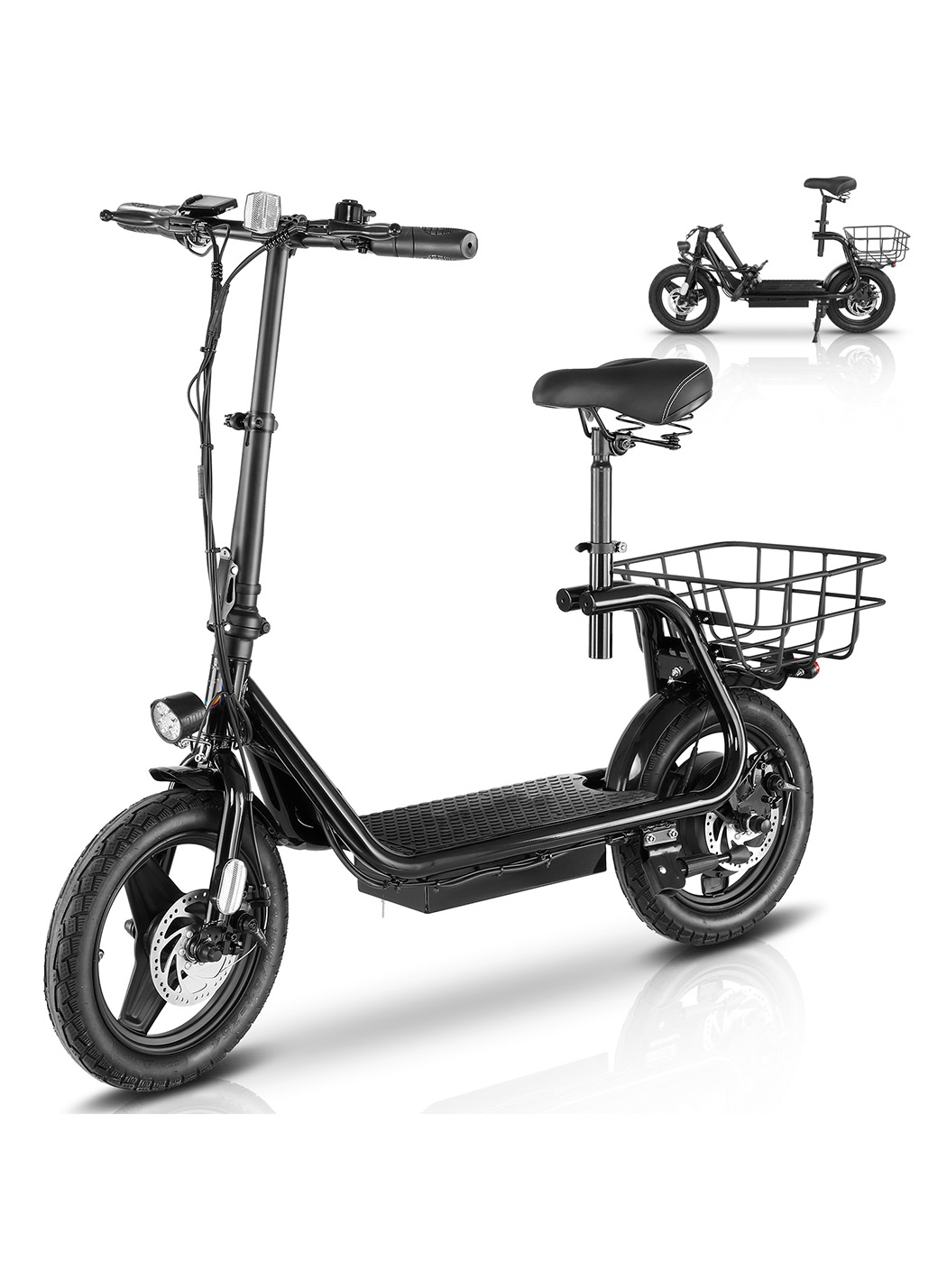 thumbnail video image 2 of COBIZI Electric Scooter for Adults with Seat,Peak 560W Motor,Commuter Foldable Electric Scooter with Basket&14" Wheels,Up to 15 Miles 20Mph,White, 2 of 8