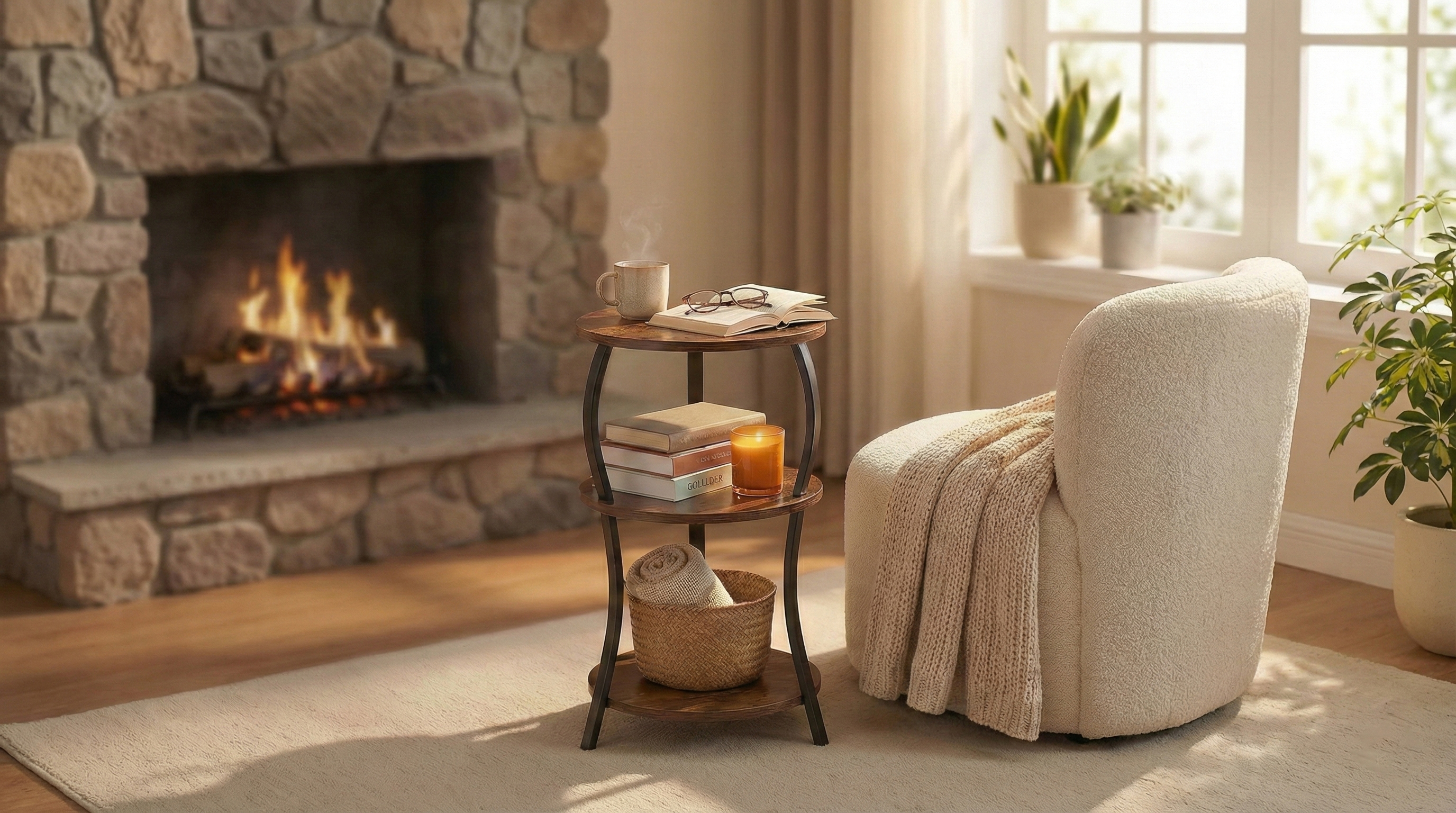 thumbnail video image 2 of Vintage Small Round Side Table, 3-Tier Slim Waist Circular End Table with Storage Shelf, Compact Tea Sofa Side Table, Round Corner Coffee Table Nightstand for Living Room Bedroom Small Spaces,Grey, 2 of 11