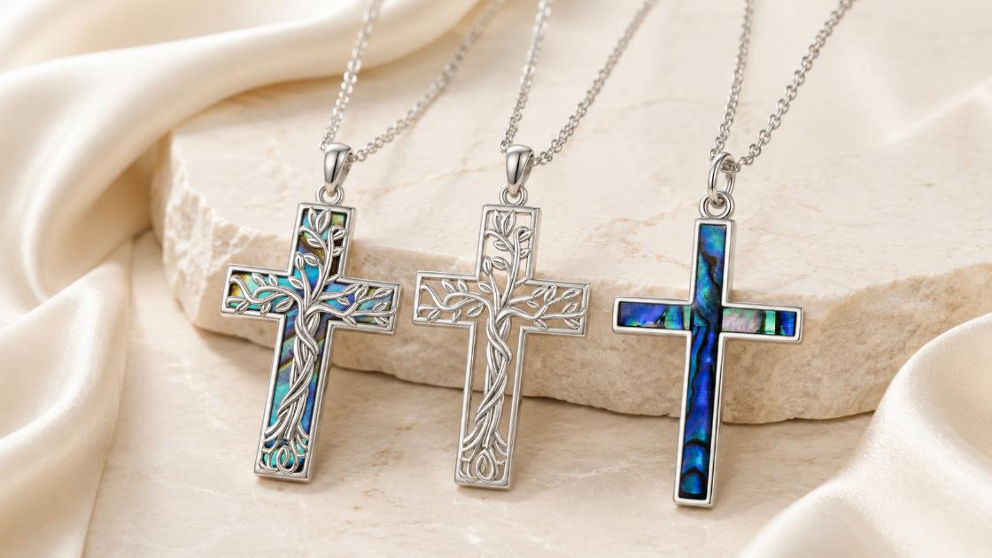 thumbnail video image 2 of Coachuhhar Cross Necklace 925 Sterling Silver Tree of Life Necklace with Abalone Shell Pendant Necklace Cross Jewelry Gifts for Women Men, 2 of 9