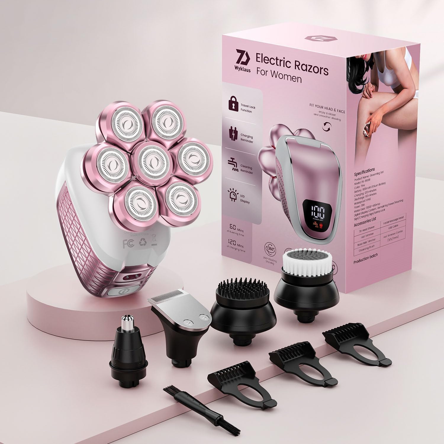 thumbnail video image 2 of Nogroa Electric Razors for Women, 7D IPX6 Waterproof Cordless Body Electric Head Shaver, 5 in 1 Pink Bikini Trimmer Hair Epilator for Legs Body Face, 2 of 11