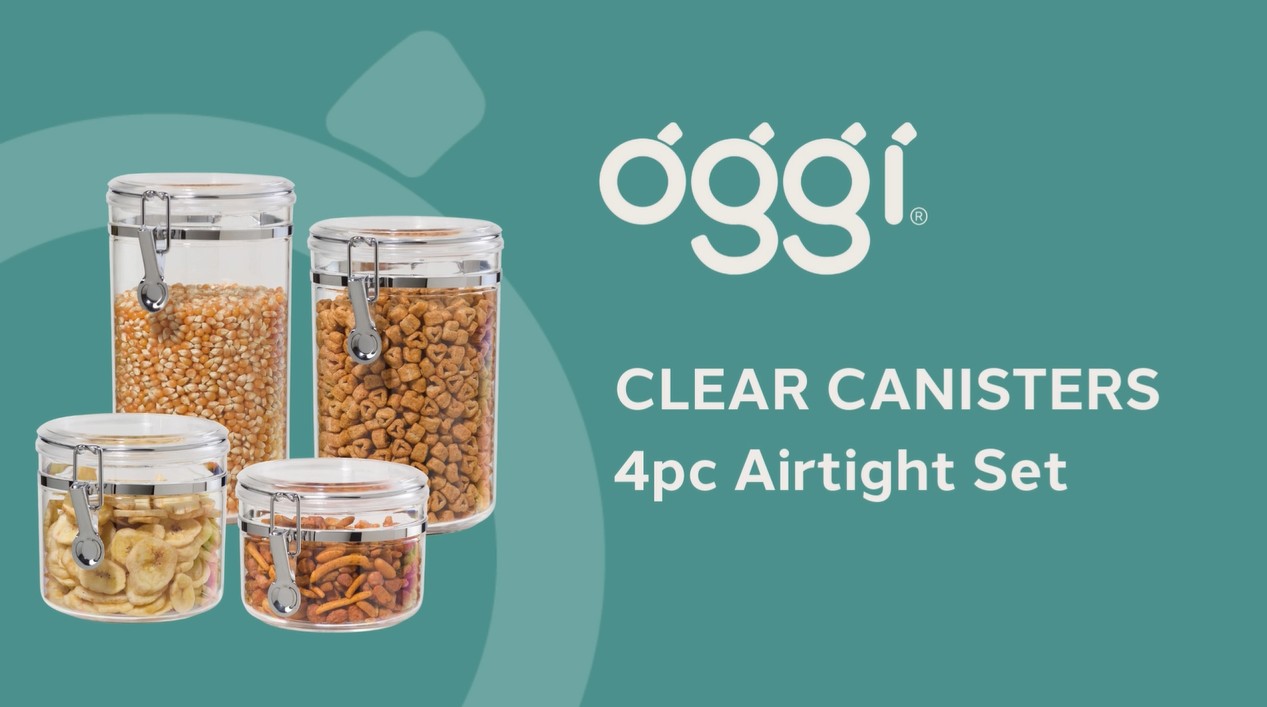 thumbnail video image 2 of Set of 4 Clear Clamp Canisters (28, 38, 59, 72 oz), 2 of 8