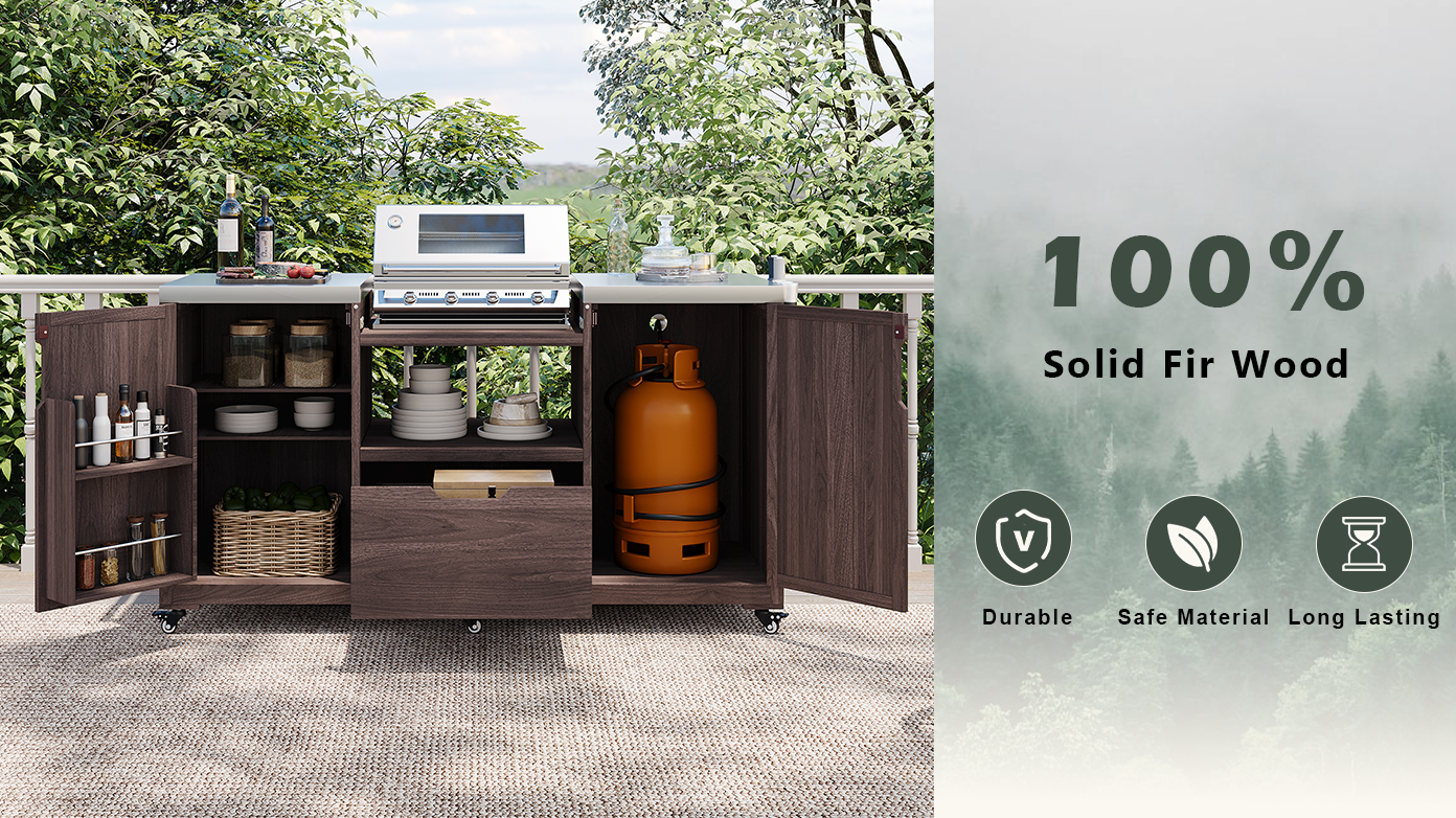 thumbnail video image 2 of 66.5" Outdoor Grill Cart, Solid Wood Kitchen Island with Stainless Steel Top, Drawer, Compatible with up to Large Big Green Egg, Kamado, Joe for Barbecue Outdoor Gathering（Black ）, 2 of 10