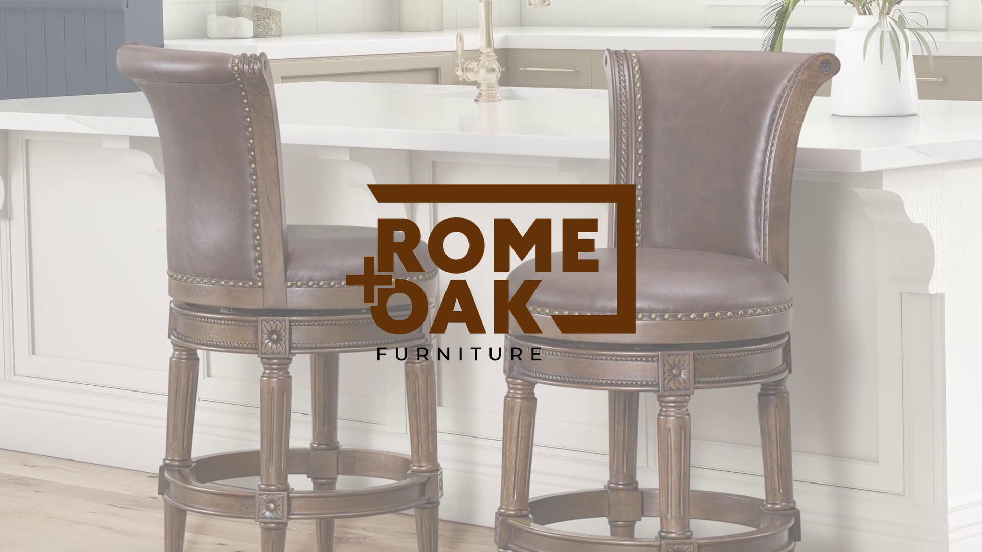 thumbnail video image 2 of ROME + OAK Runyan 26" Swivel Counter Stool, Dark Walnut Wood, Vintage Brown Faux Leather, Set of 4, 2 of 13