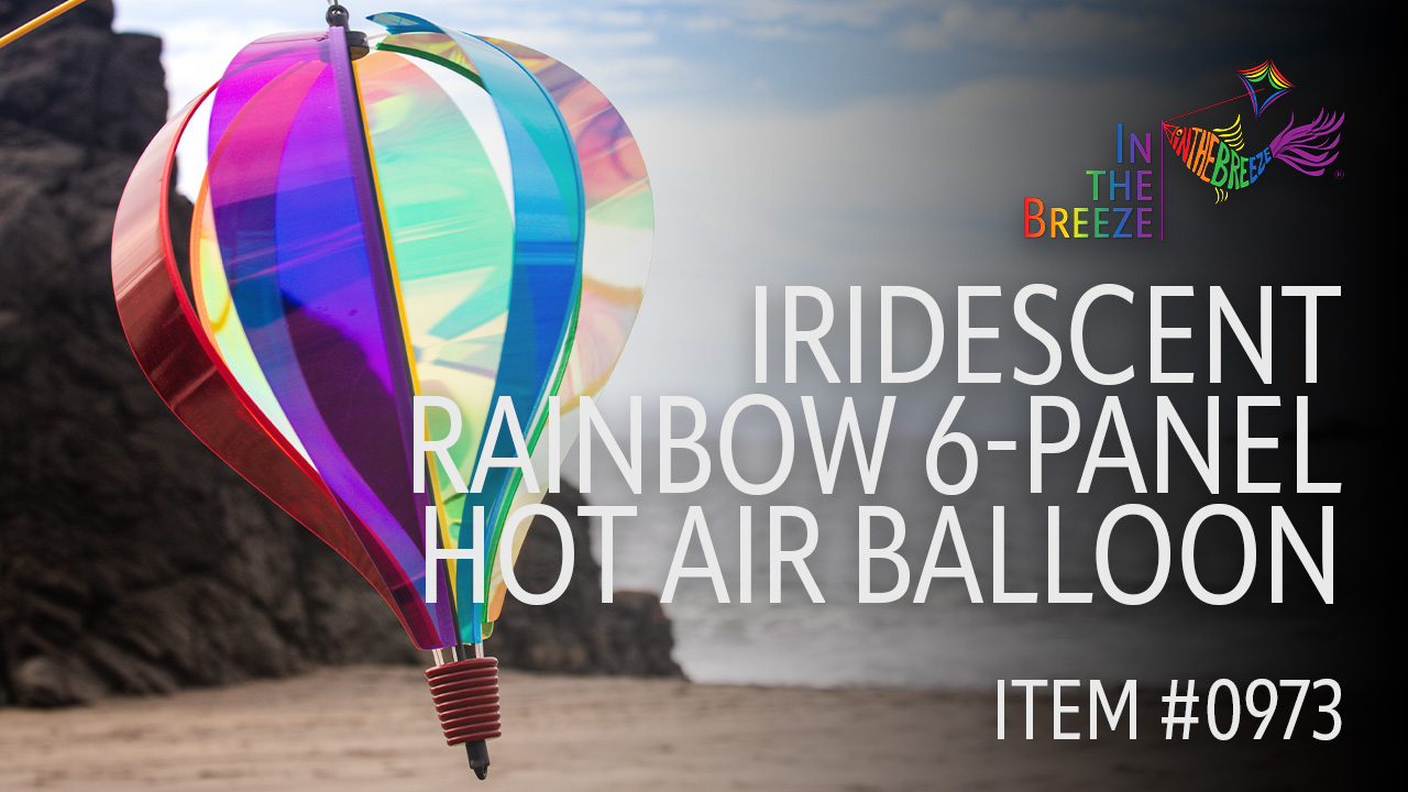 thumbnail video image 2 of In the Breeze 0973 — Rainbow Iridescent 6-Panel Hot Air Balloon — Vibrant, Shiny Hanging Outdoor Wind Spinner, 2 of 6