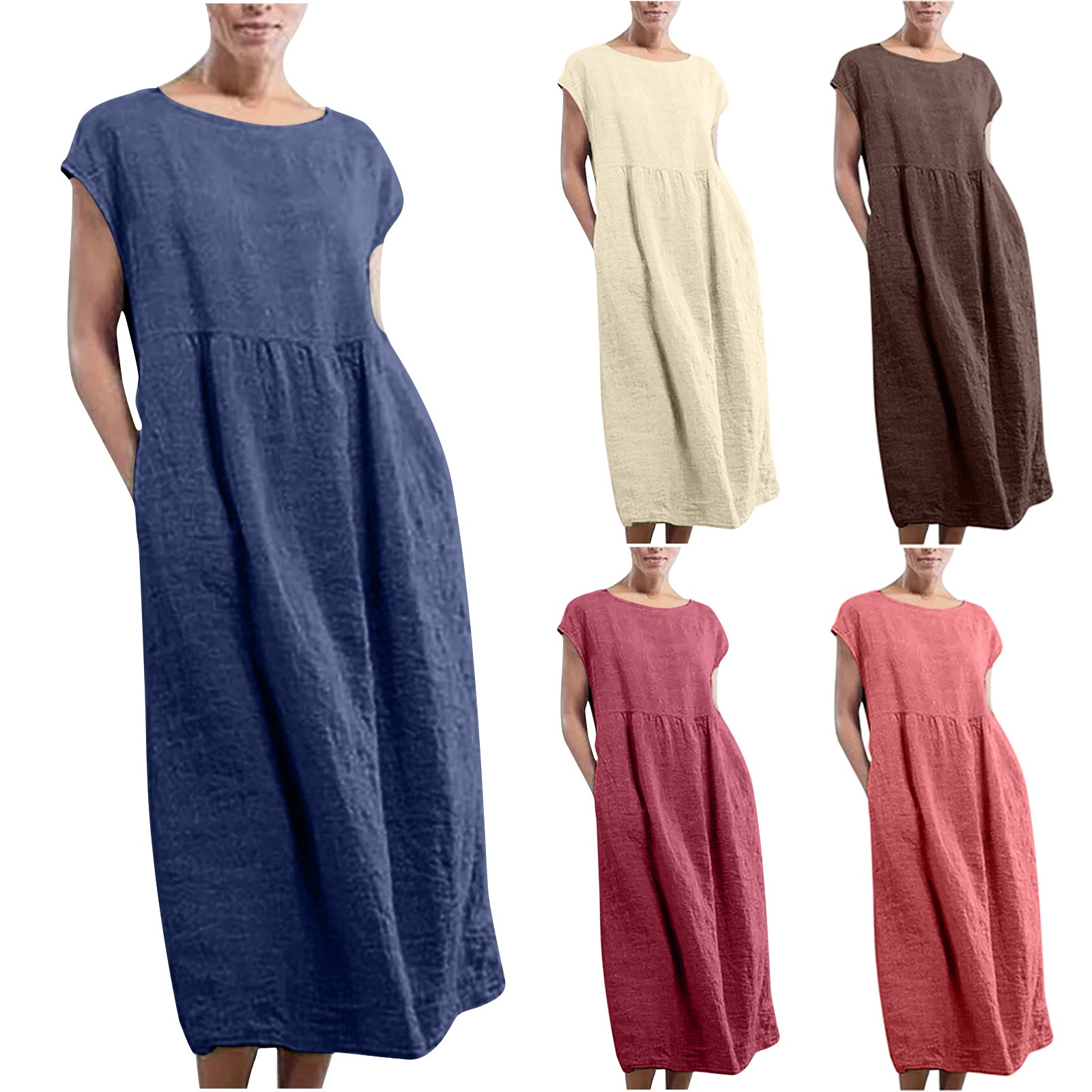 thumbnail video image 2 of WREESH Womens Plus Size Dresses Summer Cotton Linen Long Dress Casual Solid Loose Short Sleeve Maxi Dress with Pockets Navy, 2 of 7