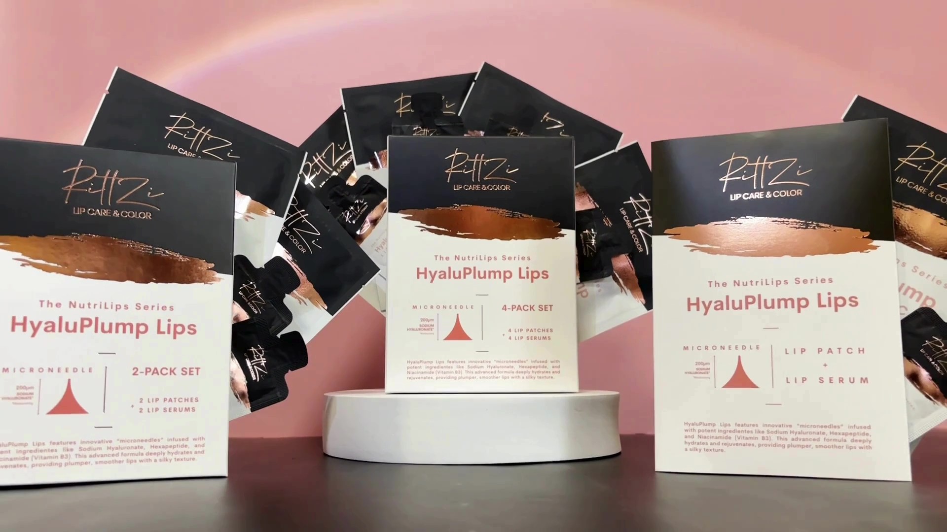 thumbnail video image 2 of RittZi HyaluPlump Lips 4-PACK SET – Innovative Two-Step Lip Care System for Hydrated, Plump Lips Featuring Sodium Hyaluronate, Peptides, and Niacinamide, 2 of 9