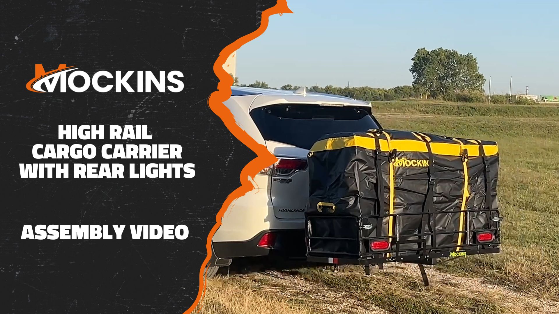 thumbnail video image 2 of Mockins 60"x24"x14" High Rail Hitch Cargo Carrier with Rear Lights, 30 Cu.Ft. Yellow Cargo Bag, Net and Straps, 2 of 11
