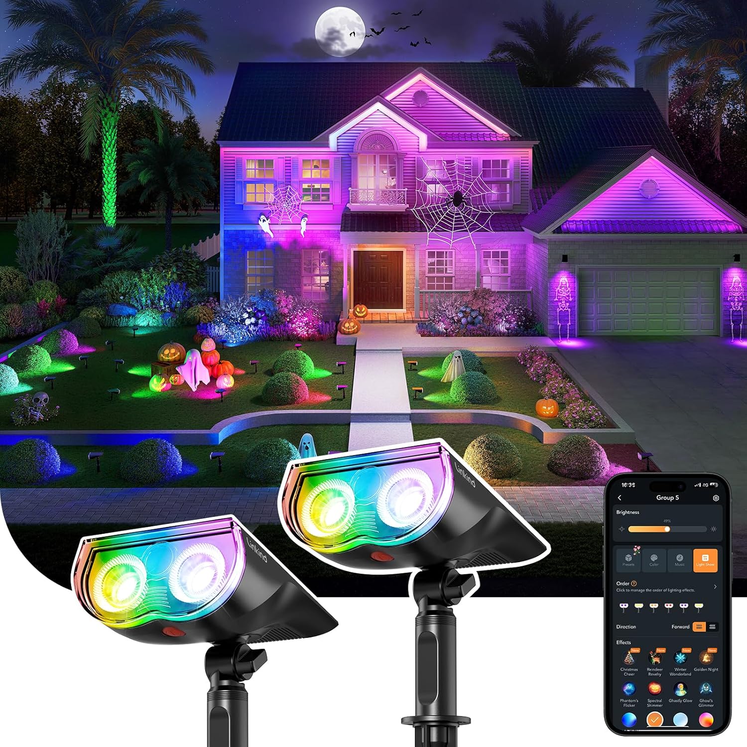 thumbnail video image 2 of Linkind Smart Solar Spot Lights Outdoor, Solar Spotlight Waterproof Color Changing APP/Voice Control Landscape Lighting for Yard, Garden, Pathway, 2-Pack, 2 of 10