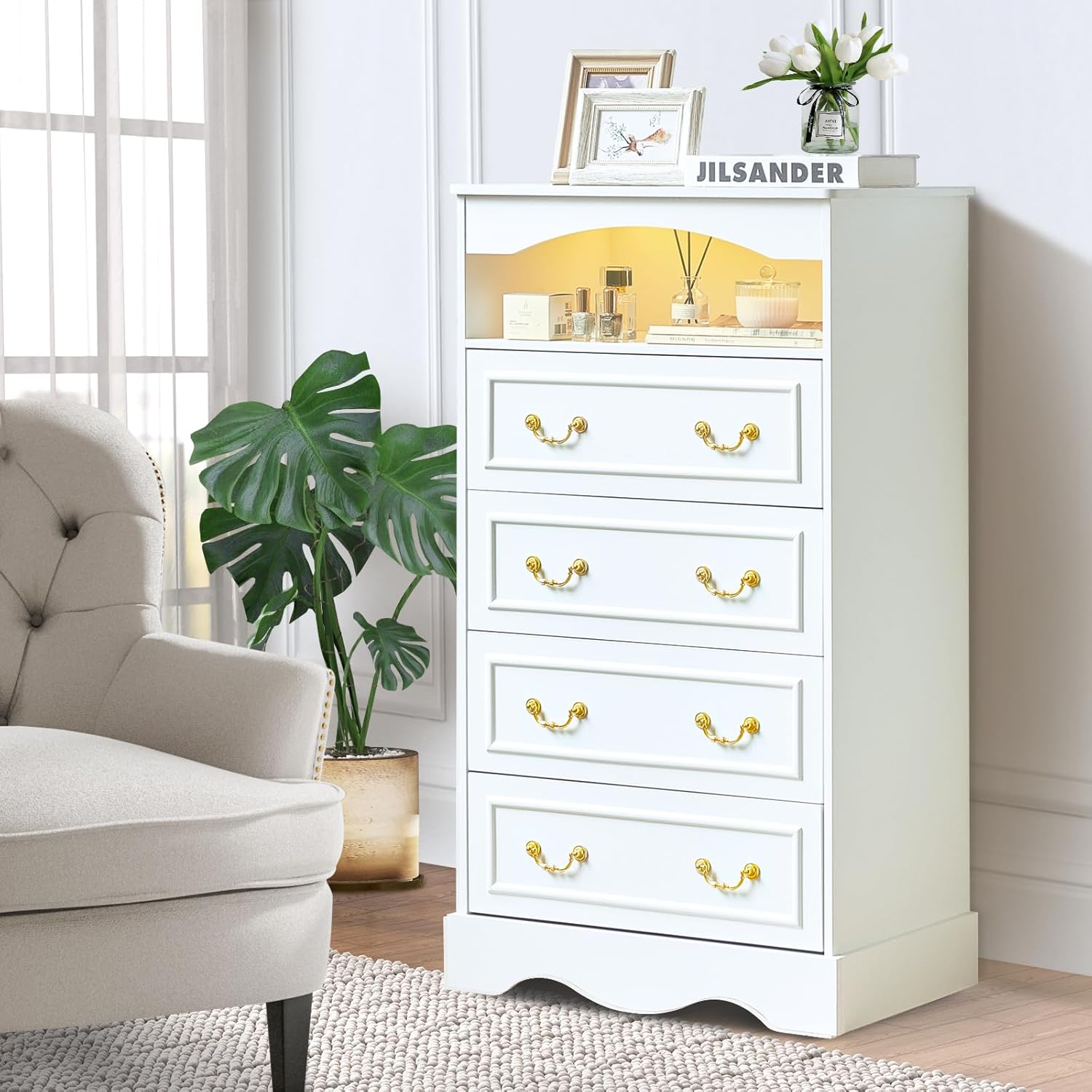 thumbnail video image 2 of JanflyHome Farmhouse Chest Of 4 Drawers, Tall Drawer Dresser for Bedroom, Drawer Closet Storage Dresser, White, 2 of 9