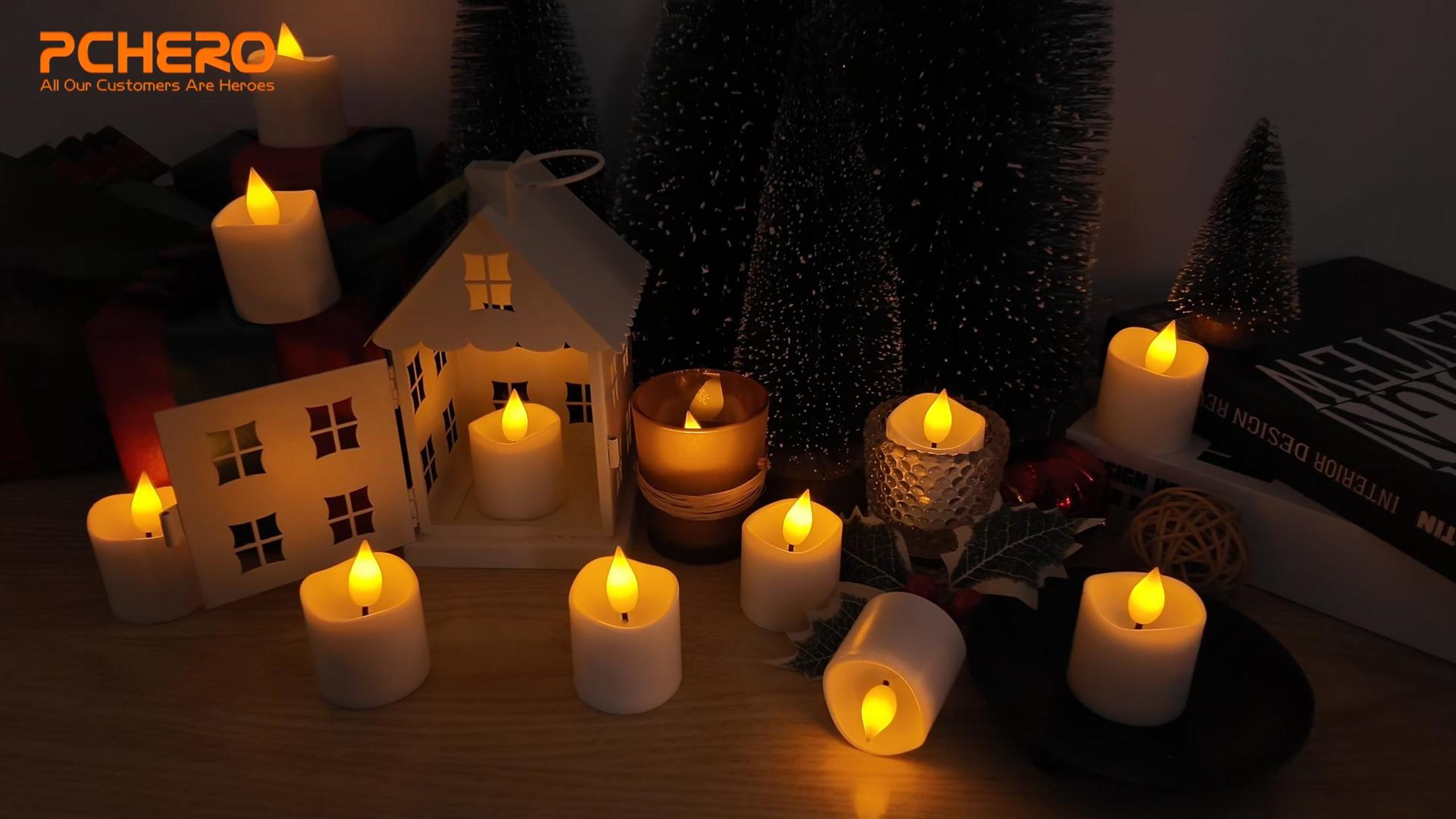 thumbnail video image 2 of PChero Rechargeable Flameless Candles with Remote Timer, 12pcs Flickering LED Votive Candles Battery Operated, Small Electric Fake Tea Lights Candle for Halloween Christmas Centerpiece Table Wedding, 2 of 12