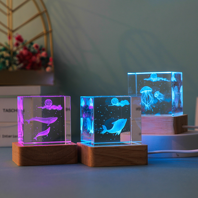 thumbnail video image 2 of 3D USB Ocean Series Crystal Cube Night Light for Home Table Lamp Carved Luminous Wooden Base Color, 2 of 4