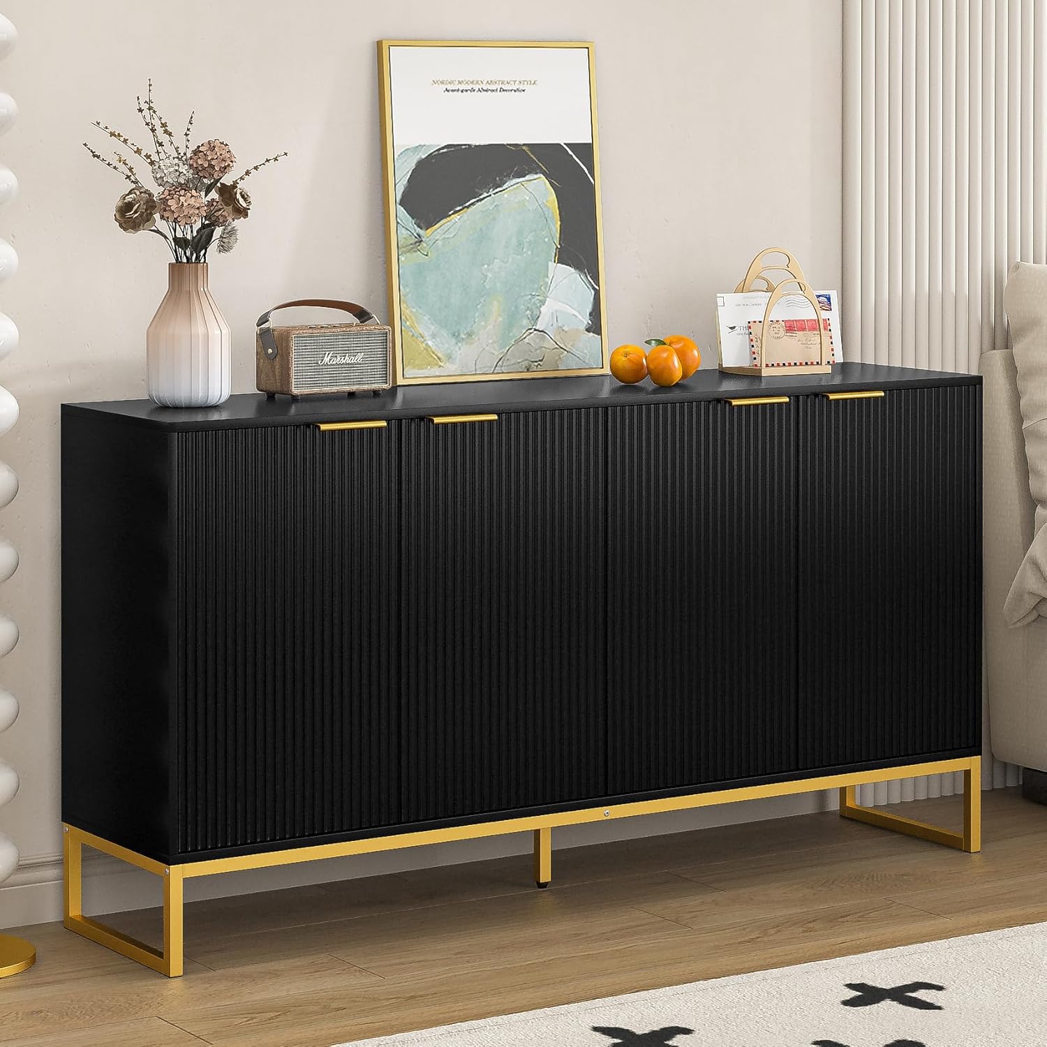 thumbnail video image 2 of Fluted Accent Cabinet, Kitchen Sideboard Buffet Cabinet with Doors, Sideboard for Living Room, Dining Room, Black, 2 of 8