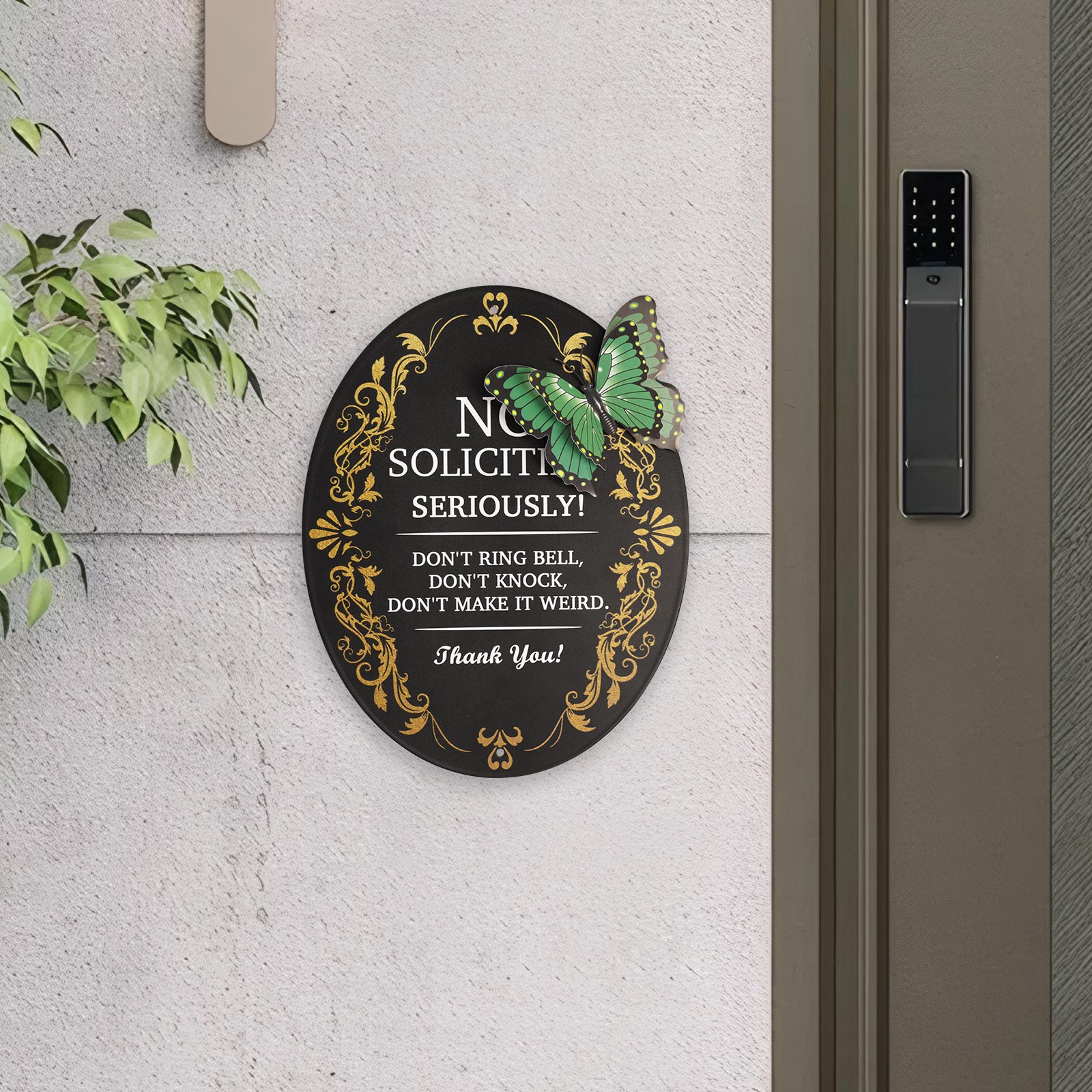 thumbnail video image 2 of No Soliciting Sign For Residence With 3d Butterfly, 7.9x 6.2inches Metal Sticker No Solicitation Signs For Front Door, Solicitors Do Not Knock Or Ring Doorbell Sign For Home House, 2 of 8