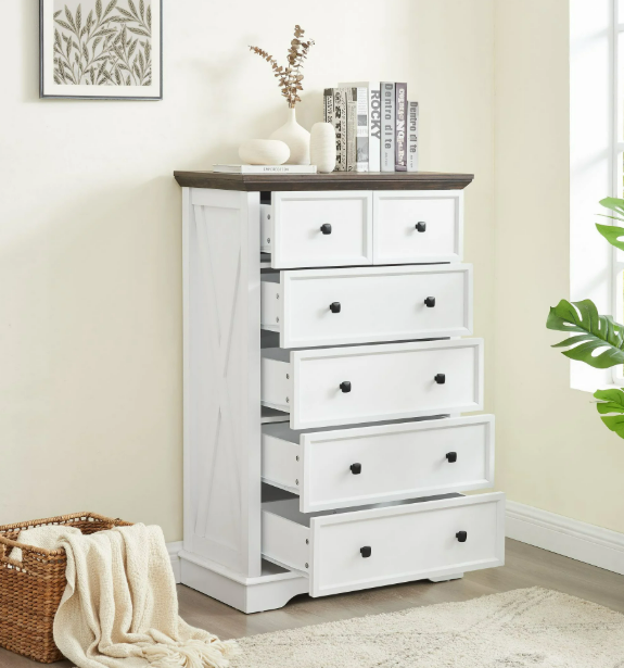 thumbnail video image 2 of 6 Drawer Dresser, Farmhouse Dresser, Nightstand Chest of Drawer for Bedroom, Wood Storage Chest of Drawers Storage Cabinet for Living Room, Hallway,Entryway, 2 of 10