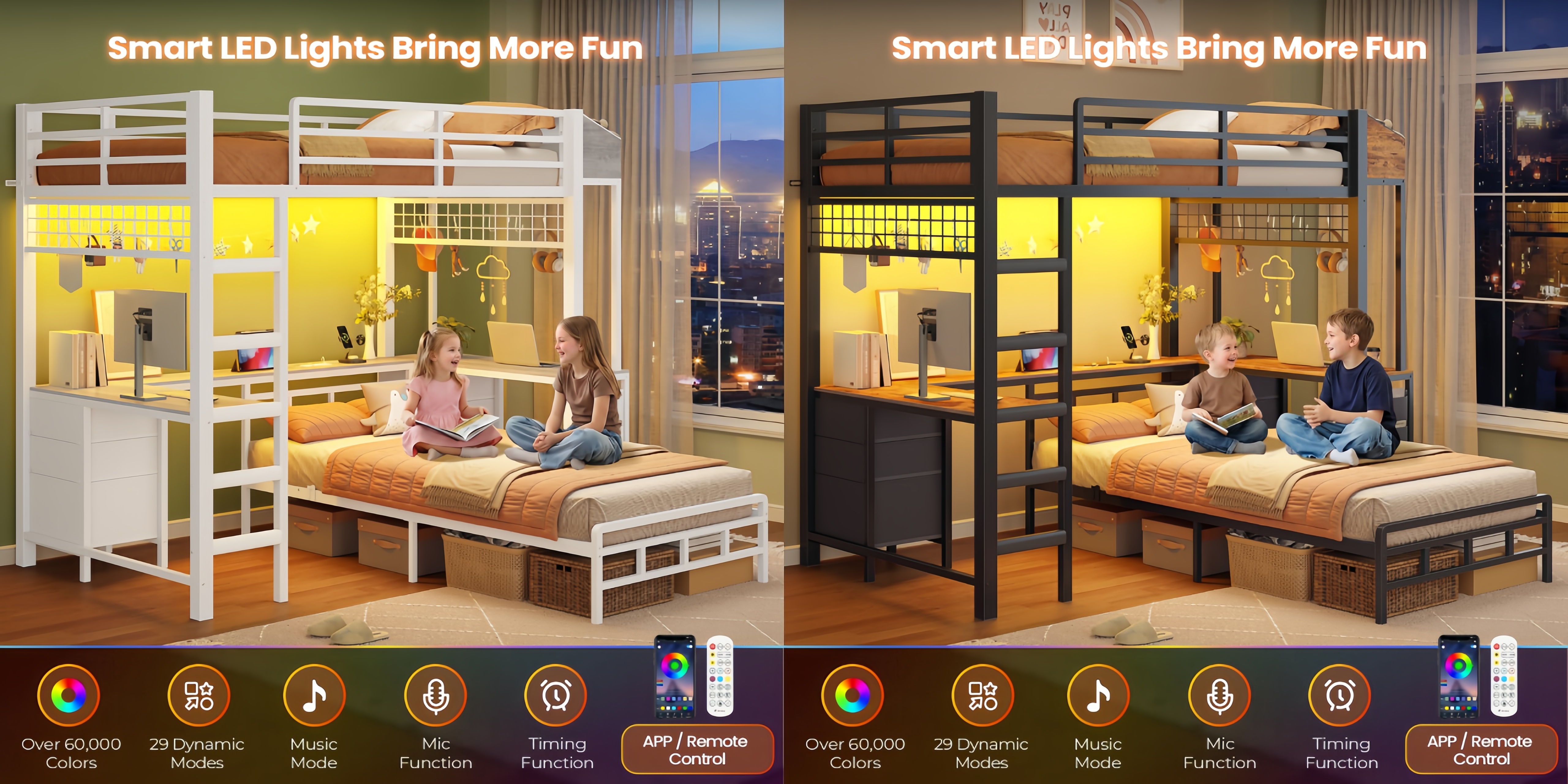 thumbnail video image 2 of Bunk Bed with Desk for 2 People and Storage, LED Gaming Metal Loft Bed with Charging Station& Ladder & 13.4'' Guardrail, Space Saving Bed, Black& Brown, 2 of 11