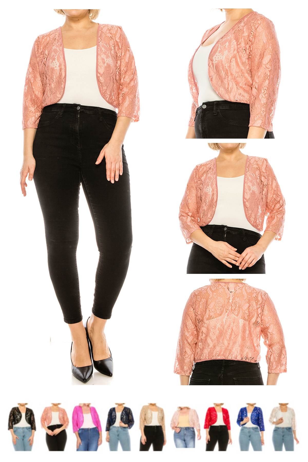 thumbnail video image 2 of Women's Plus Size Casual Lace Bolero Cardigan 3/4 Sleeve Sheer Cover Up Jacket, 2 of 7