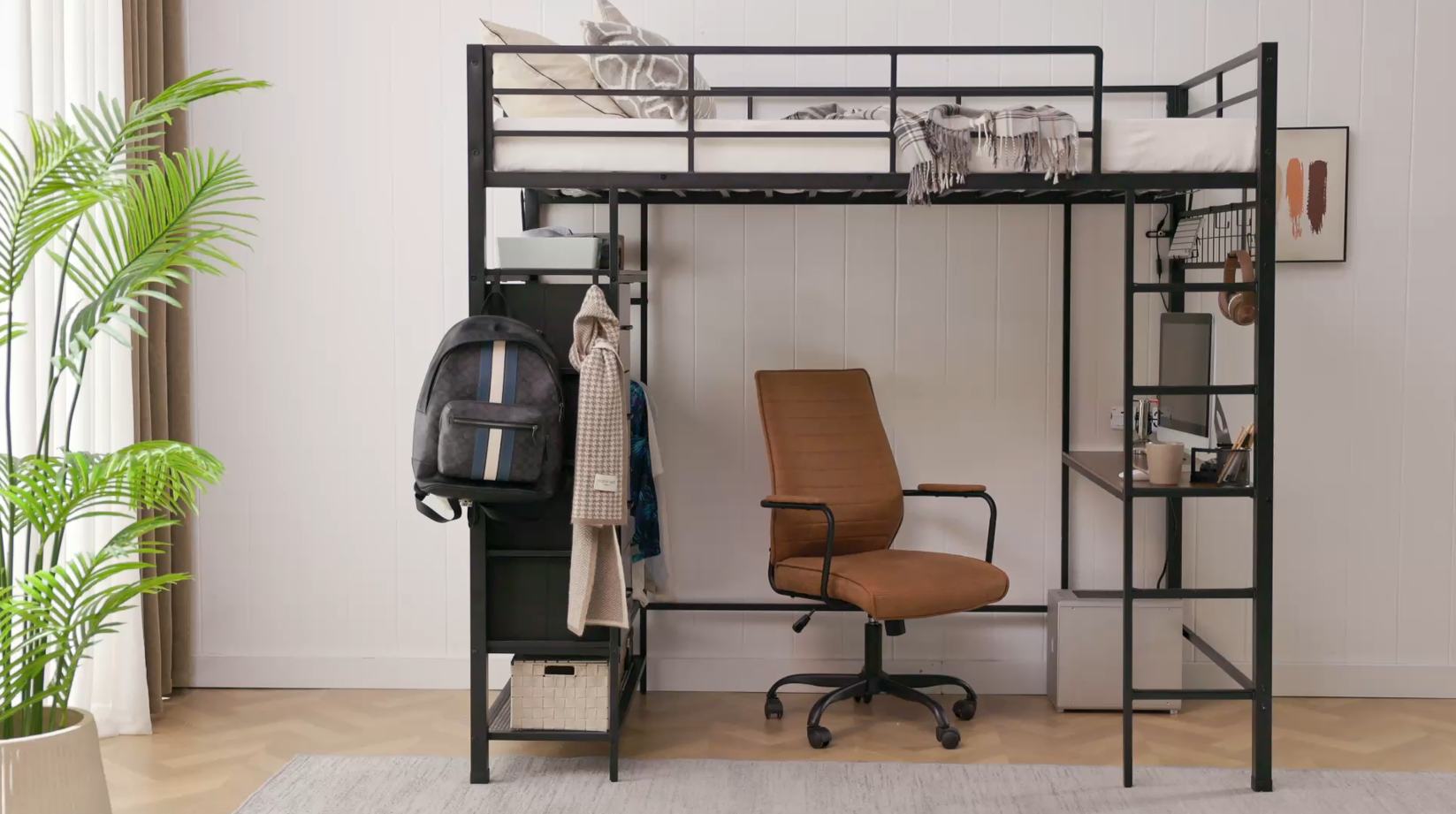 thumbnail video image 2 of Onbrill Twin Size Loft Bed with Desk and Shelves & Outlet, LED Light, Industrial Bunkbeds Heavy Duty Bed with Safety Guard Rails and Space-Saving Design, Steel Bed for School, Bedroom,Black, 2 of 9