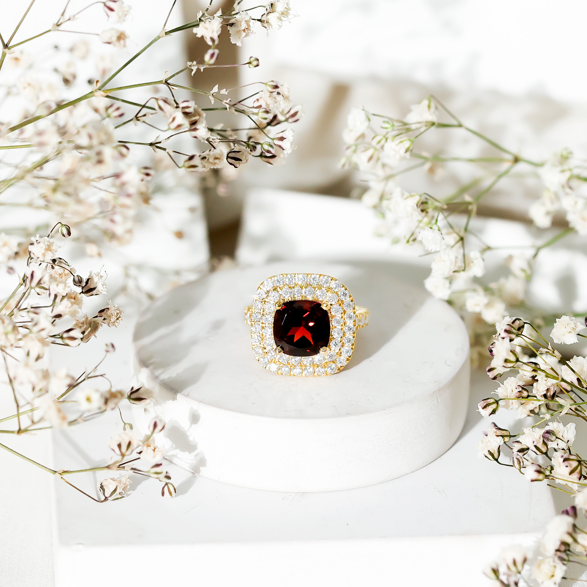 thumbnail video image 2 of Rosec Jewels Natural Garnet Cushion Cut Engagement Ring with Halo - 8 mm - Vintage Style Ring for Women - AAA Quality, 18K Yellow Gold, US 8.00, 2 of 9