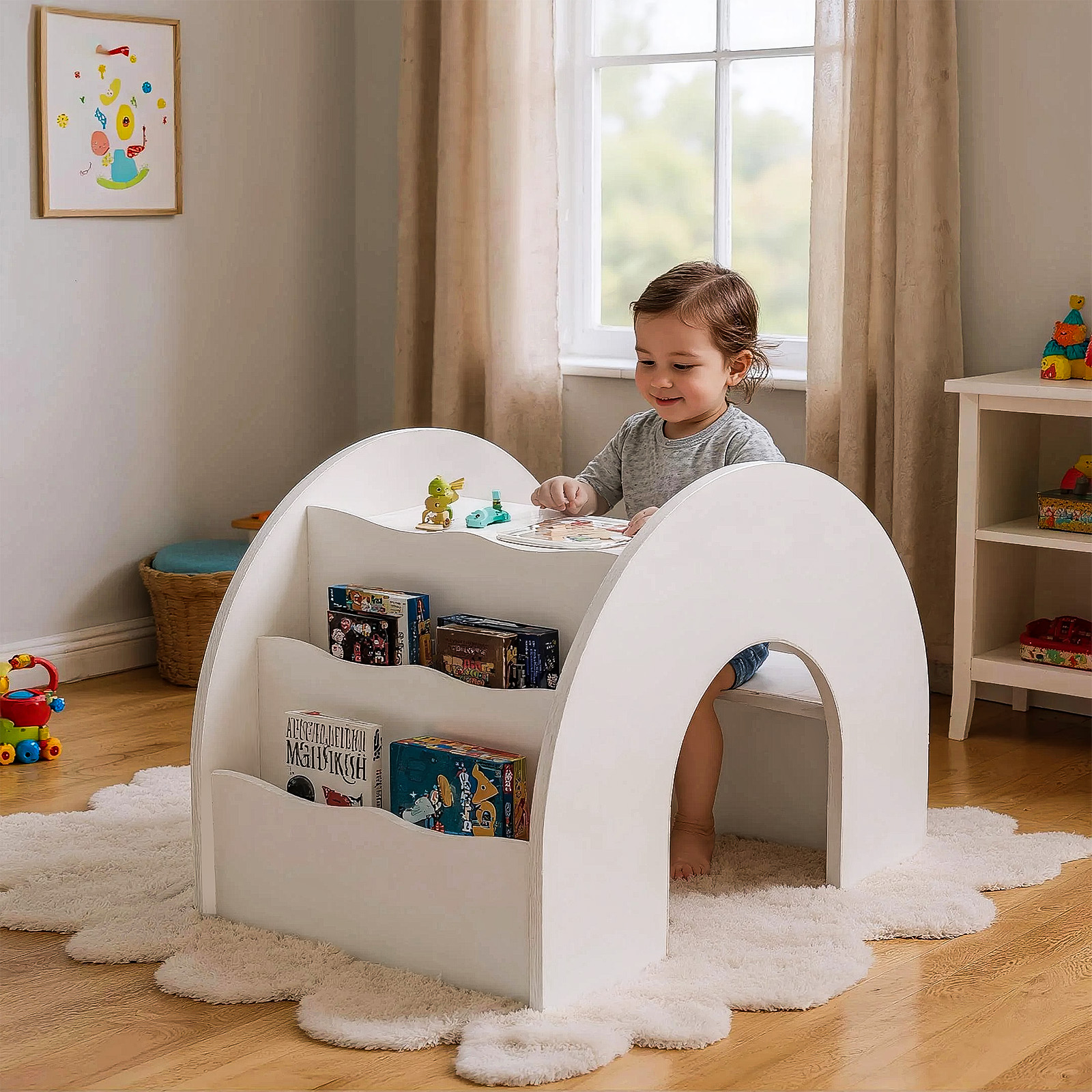 thumbnail video image 2 of Kids Desk and Chair Set,Kids Desk with Storage Hutch,Wooden Arched Study Writing Table with Shelves for Kids Bedroom,White, 2 of 9