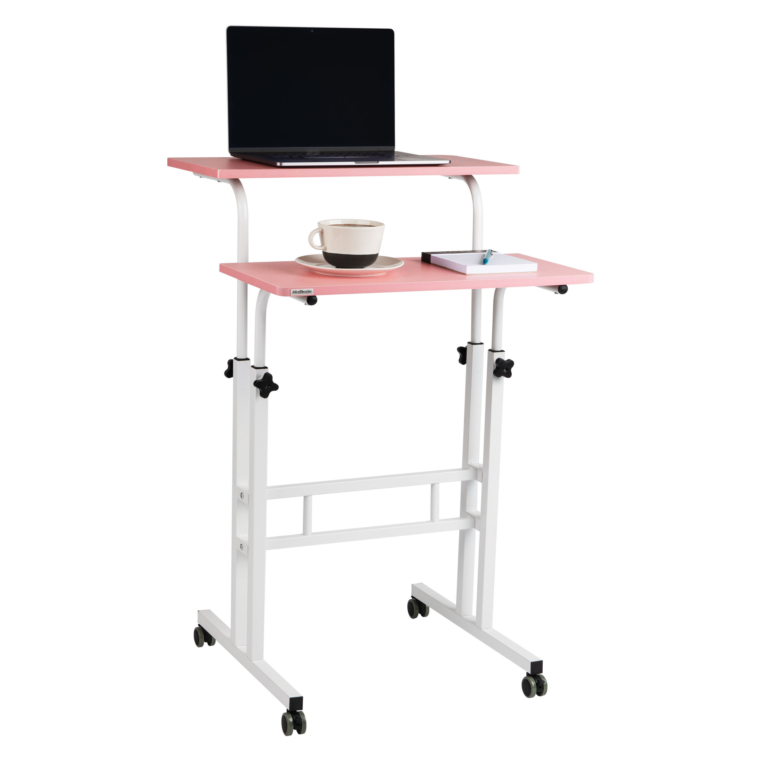 thumbnail video image 2 of Mind Reader Standing Desk, Adjustable Height Laptop Workstation, Portable Rolling Desk on Wheels, Two-Tier Metal Frame, Pink, 2 of 9