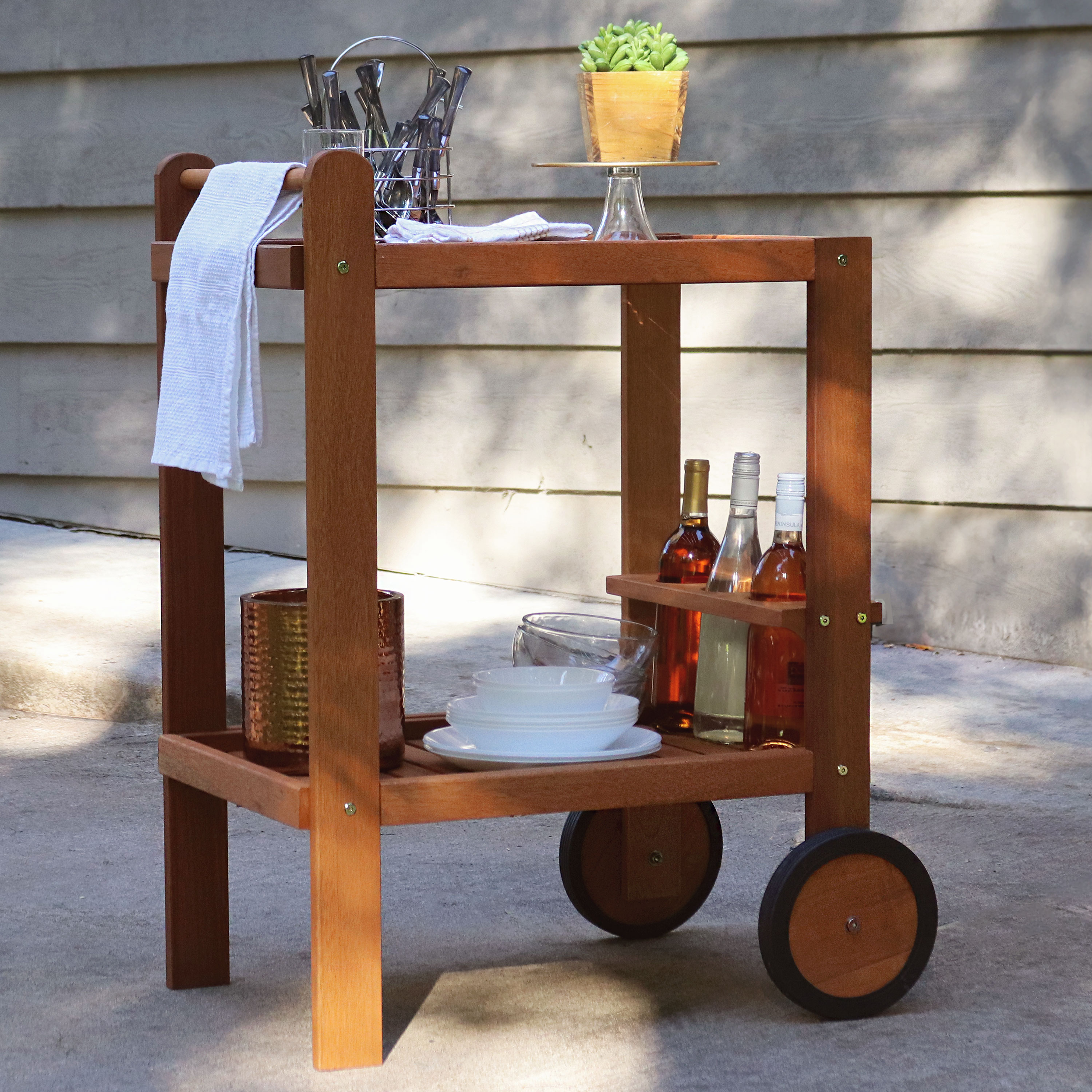 thumbnail video image 2 of Sunnydaze Malaysian Hardwood Outdoor Serving Cart - 2 Tiers, 2 of 10