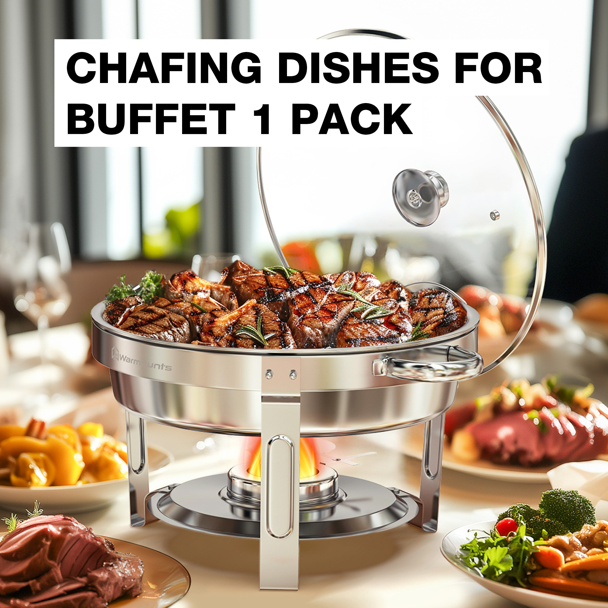 thumbnail video image 2 of WARMOUNTS 1-Pack Chafing Dish Buffet Set, 5QT Round Buffet Servers and Warmers Set, Stainless Steel Catering Food Warmer with Glass Lid & Holder for Party, 2 of 12