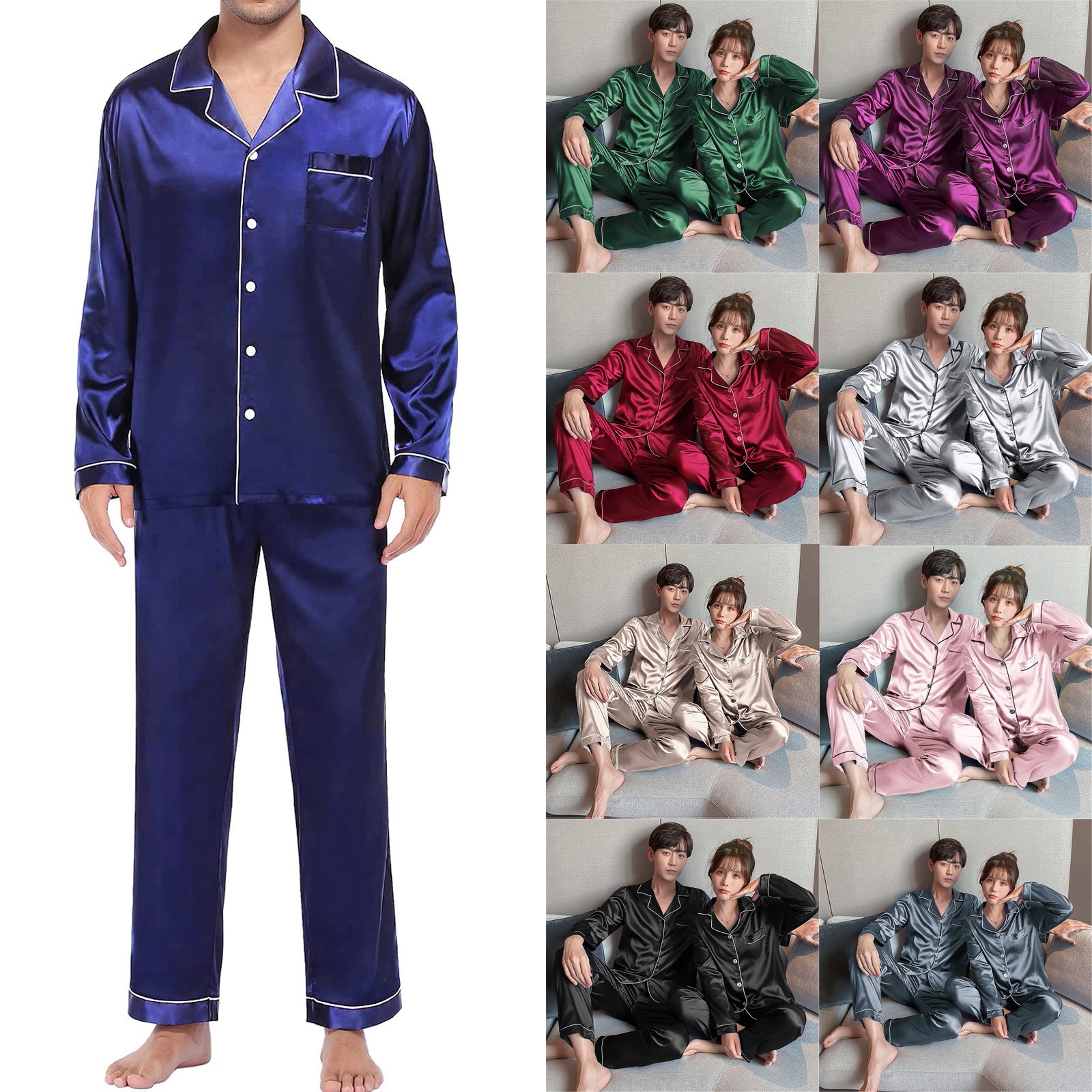 thumbnail video image 2 of Long Night Shirt Men's Casual Pyjamas Long Sleeve Blouse Button Silk Satin Two Piece Sleepwear Suit Pant Pyjama, 2 of 6