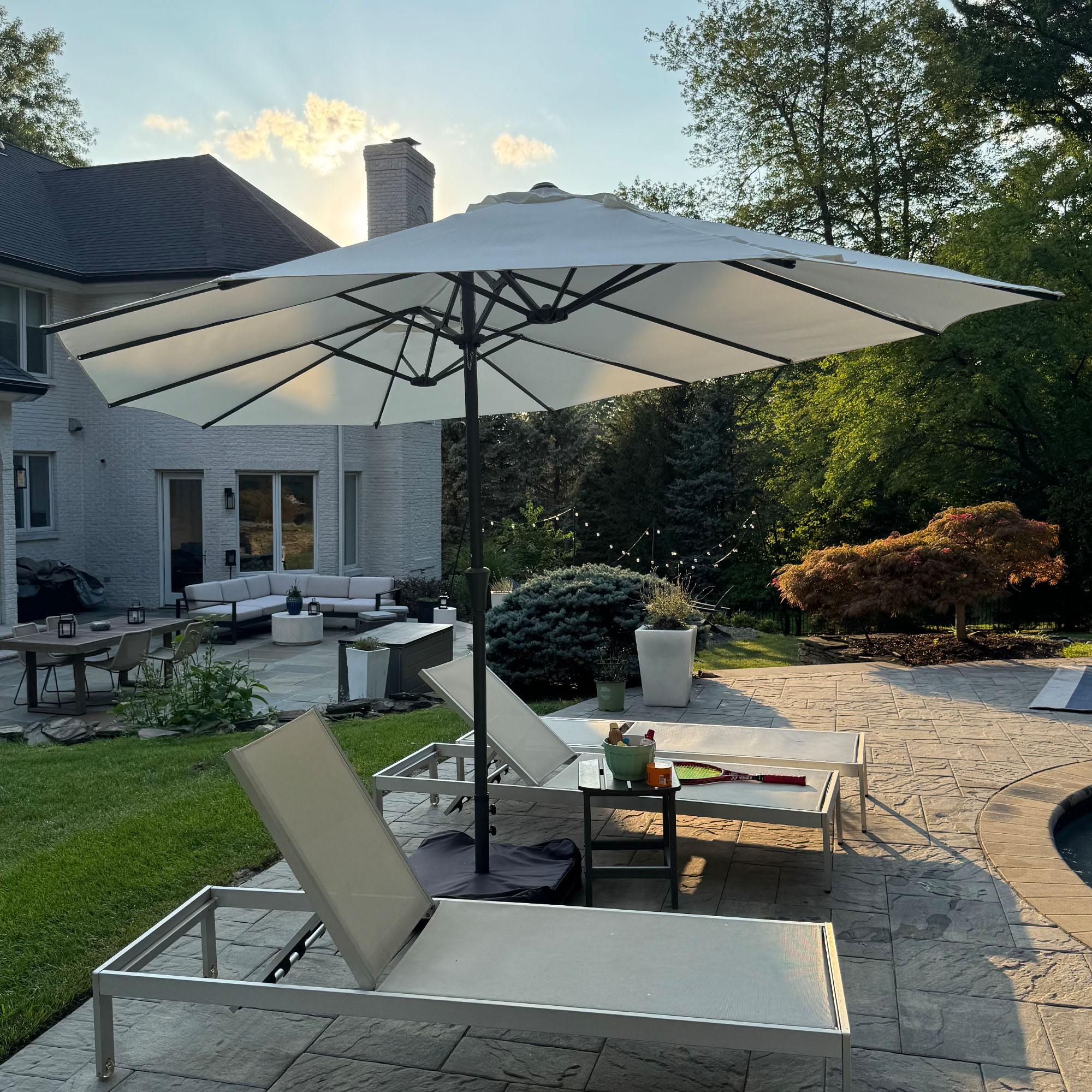 thumbnail video image 2 of PURPLE LEAF 14ft Patio Umbrella Double-Sided Outdoor Umbrella with Base and Crank Rectangle Market Table Umbrella for Pool Deck Backyard Garden, Cream, 2 of 9
