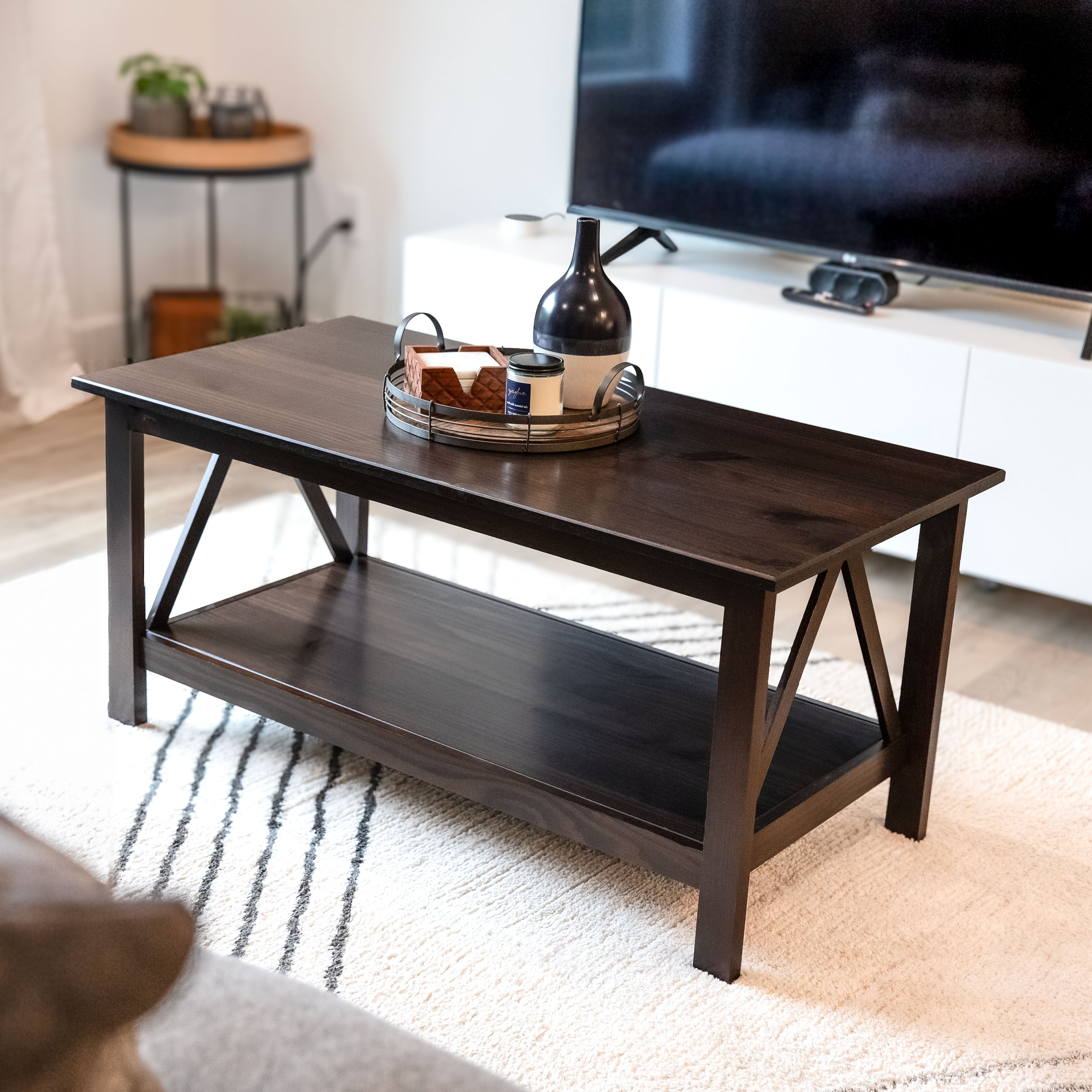 thumbnail video image 2 of Sunnydaze Rectangular Solid Pine Wood Coffee Table with Storage Shelf, Dark Brown, 2 of 15